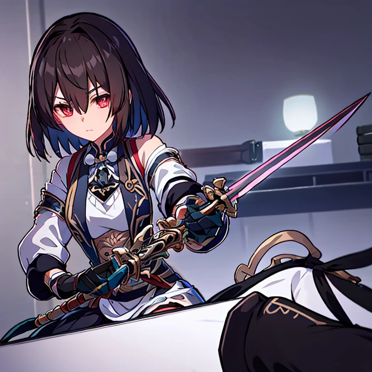 xueyihsr, looking at viewer, gloves, holding, weapon, black gloves, sword, holding weapon, glowing, holding sword, sweater, white sweater, black skirt, miniskirt, sitting on desk, listening music