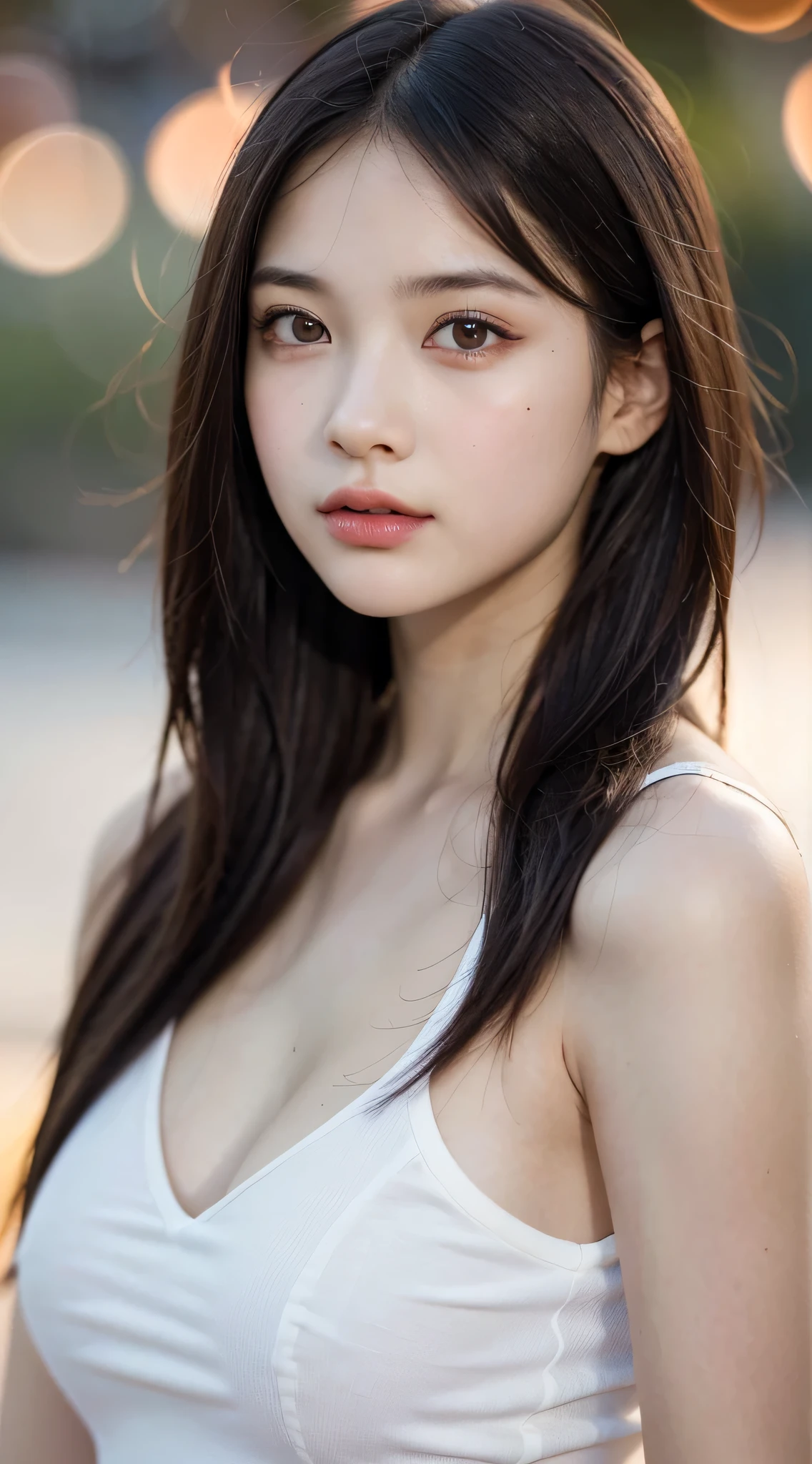 (Best Quality), (Ultra-detailed), (Lastration), (Detailed light), (extremely delicate and beautiful), ung girls, Brown hair, Brown eyes, Model, Bare shoulders, Best Quality, extremely detailed CG unified 8k wallpaper, High-definition raw color photos, professional photograpy, (((Bokeh))), depth of fields, Twilight, Sunset,