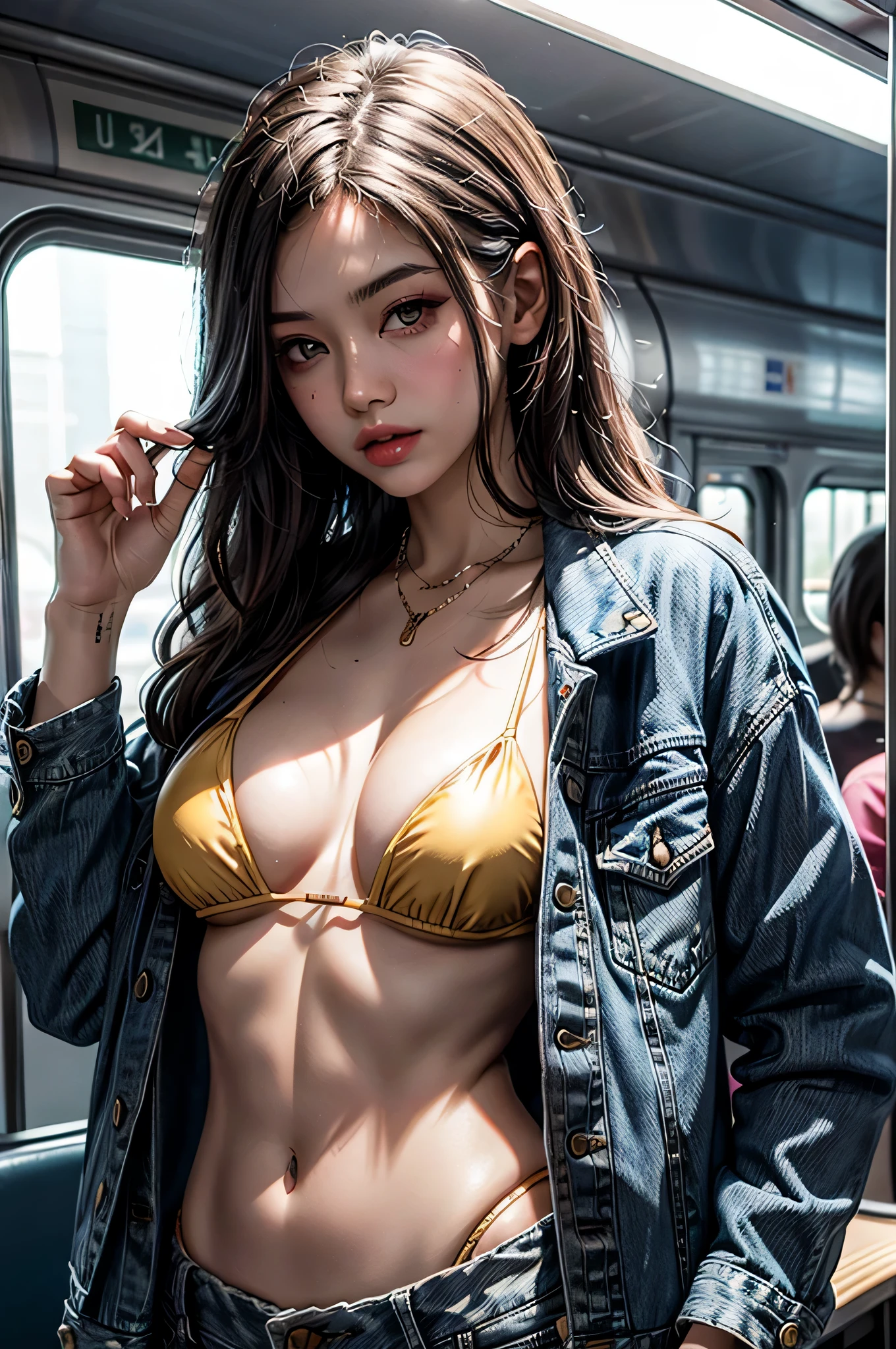 masterpiece, best quality, ultra detailed, 1 girl, denim jacket, bikini, medium breast, sexy eyes , on the train, sun light, 4k, full HD