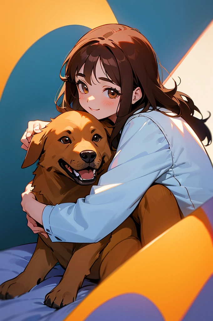 Vibrant colors, soft lighting, anime style, beautiful, detailed eyes, girl with brown hair, brown eyes, Friendly Smile, positional lighting, Casual suit, flushed cheeks, bright shiny hair, Hugging a Labrador dog, beautiful background
