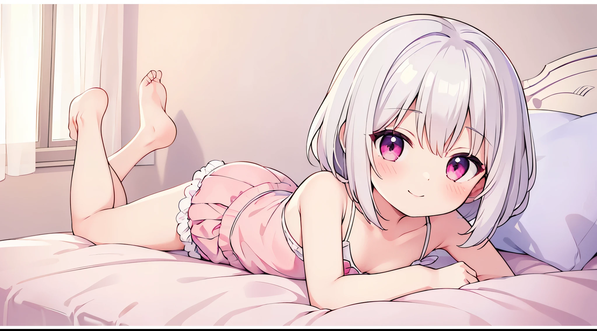 (​masterpiece),(Top image quality),hight resolution,(Dainty and cute),(ighly detailed), 1girl, 独奏,illustratio,Fantasia,short,white  hair,perm,s Pajamas,Pink eyes,Smaller chest,a smile,Background through,on the beds