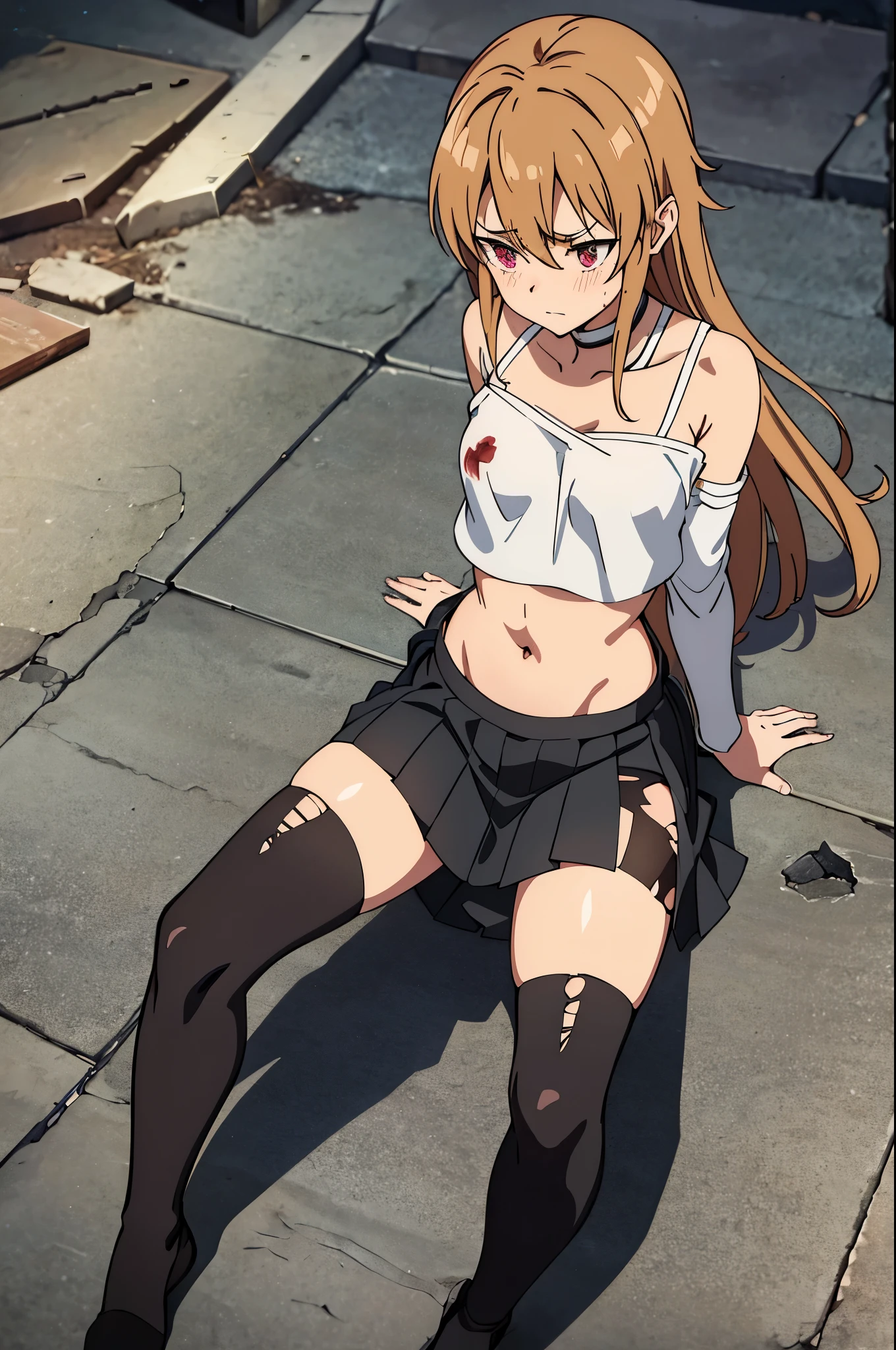 1woman, brunette hair, sword art online asuna face, hair covering right eye, blushing, ripped up spaggethi strap crop top, pleated black ripped skirt, detaily ripped off black tigh-highs, her thigh-highs being shrdedded, getting her clothes ripped to shreds, all destroyed and ripped off clothing, no shoes, laying on back in fetel postition, scracthed and bruised and bleeding, dungeon background, low health points, ryona, beat up girl, near death, fom above