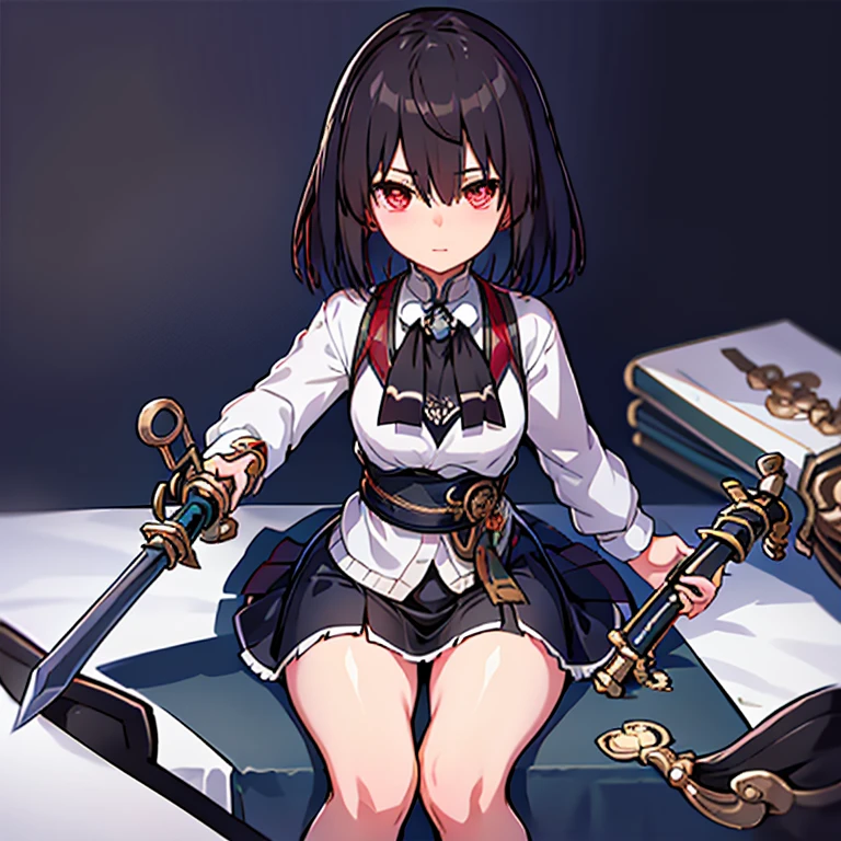 xueyihsr, looking at viewer, sweater, white sweater, black skirt, miniskirt, sitting on desk, listening music, sword, holding weapon, holding sword,