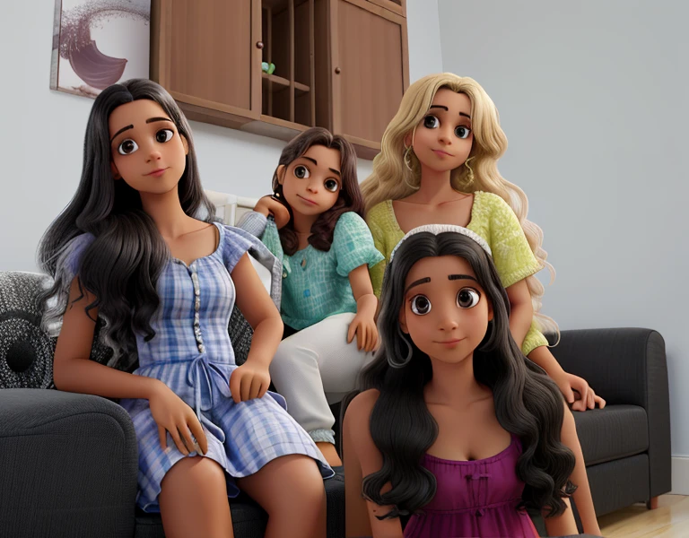 Quatro amigas no sofa da sala com uma janela atras, uma de cabelo loiro cacheado e as outras de cabelo liso preto