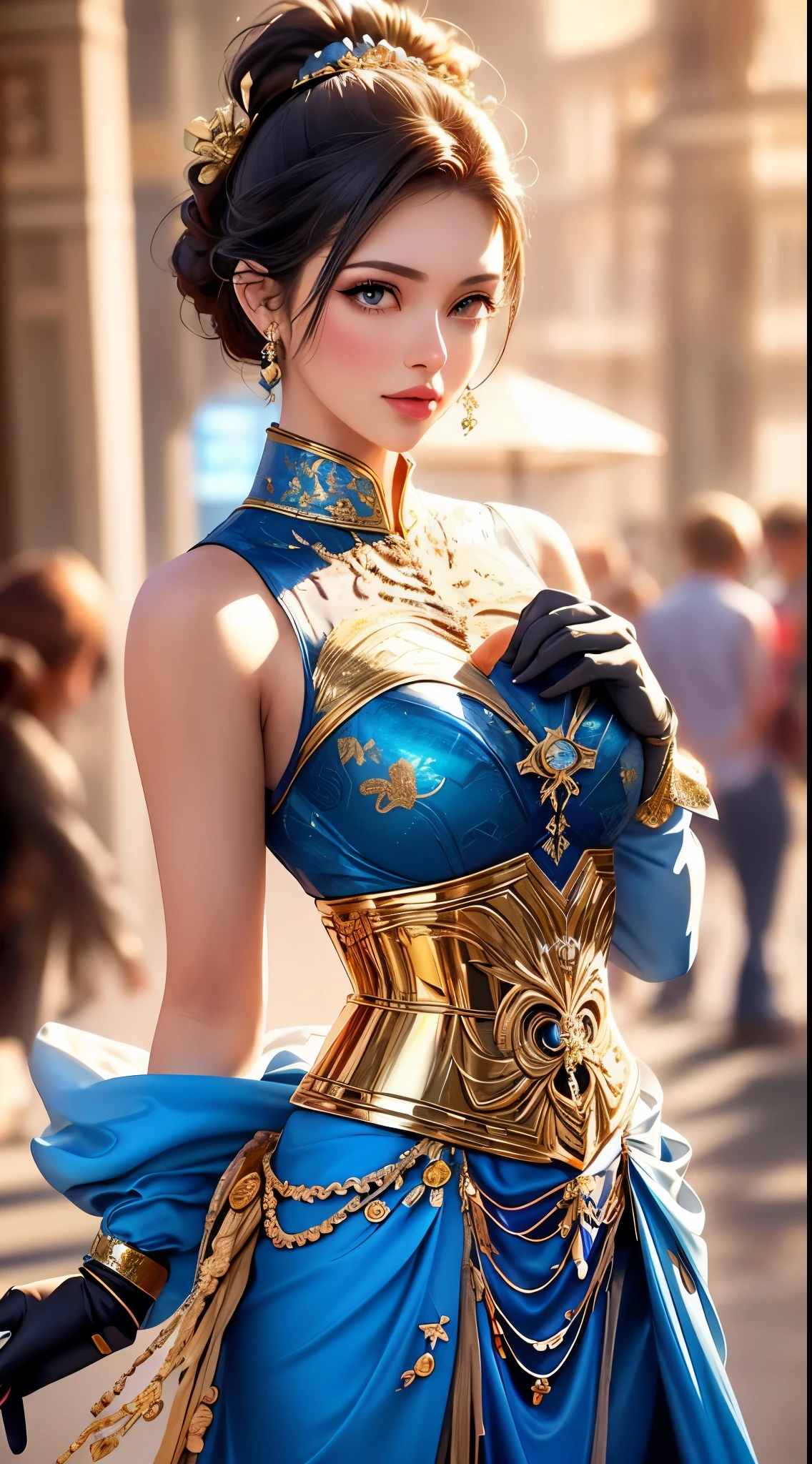 A beautiful princess in a blue and gold Corset and suit, majestic look, extremely detailed artgerm, artgerm. high detail, artgerm detailed, style artgerm, artgerm style, in style of artgerm, samira from league of legends, cinematic goddess body shot, style of artgerm, alena aenami and artgerm