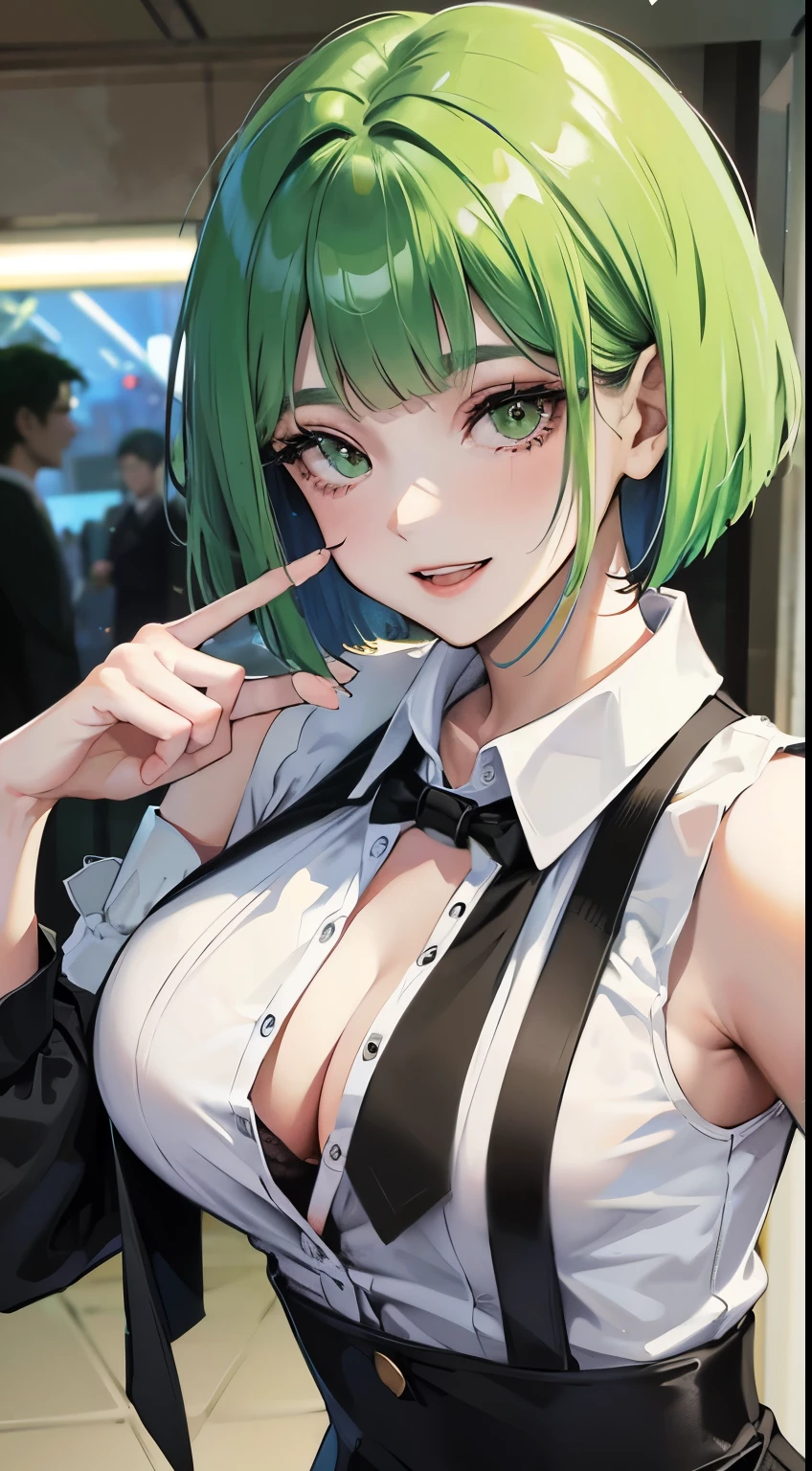 One lady、Green hair、ENFP、bob cuts、short-cut、Green shirt、Black tie、lively girl、Show your teeth and smile、green clothing、active、Gamine、Green shirt