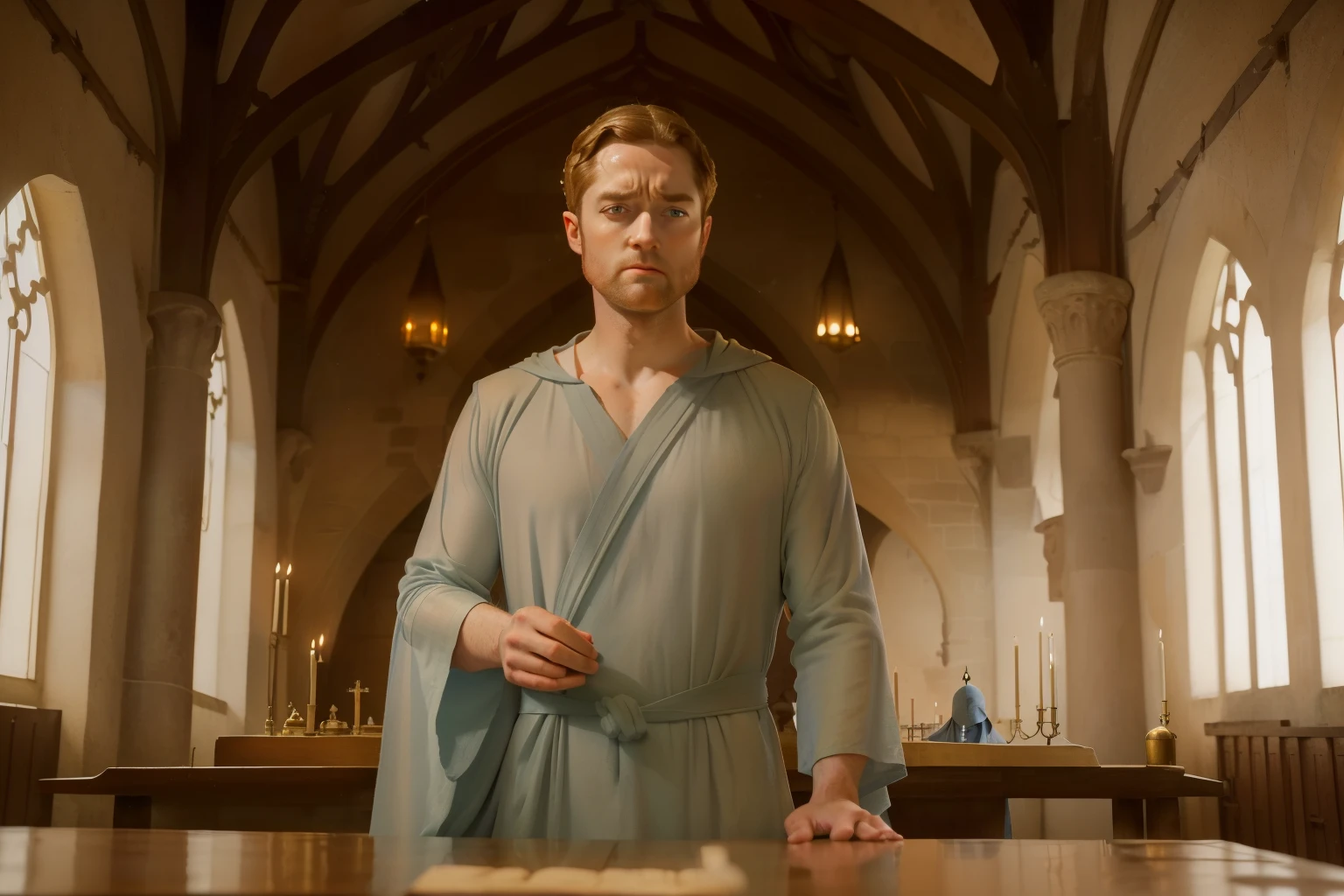 1144, Cherbourg, France. Otherworldly scene in a medieval monastery, ((((35-year-old)) Richard Rankin)), monk, ((angry expression, frowning)), ((((plain tunic gown from the 12th century)))), ((Hairstyle of the 12th century)), ((Wes Anderson cinematic style)), colorful