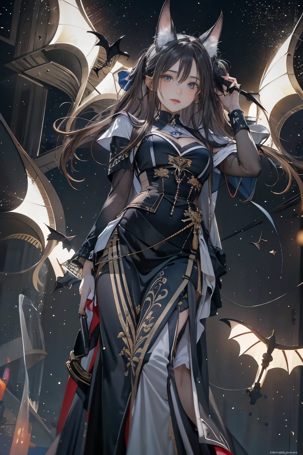 (maestropis)、(Calidad de imagen superior),Mujer vampiro sonriendo por la noche、Los colmillos son visibles、Cara limpia、、Vestimenta de la nobleza de la Edad Media、con una capa negra、FOTO DE CUERPO COMPLETO、breast size:1.2,Noche iluminada por la luna de fondo、Bats are flying