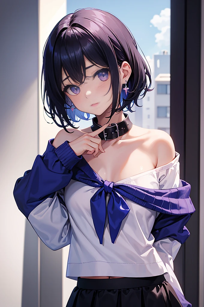 best quality, ultra precision, 1girl, cute, , young, boyish, childish, M breasts, black hssy hair, blue short hair, purple eyes, beautiful eyes, girl, ecstasy, sailor collar,, metestrus, start to un naughty mood, she loves you, lost virgin, virgin, blush, sexy, beautiful skin, big bow on che BLUE SWEATER, WHITE SHIRT, SHIRT UNDER SWEATER, OFF SHOULDER TOP) TSUNDERE 15 YEARS old, Short black skirt, earrin