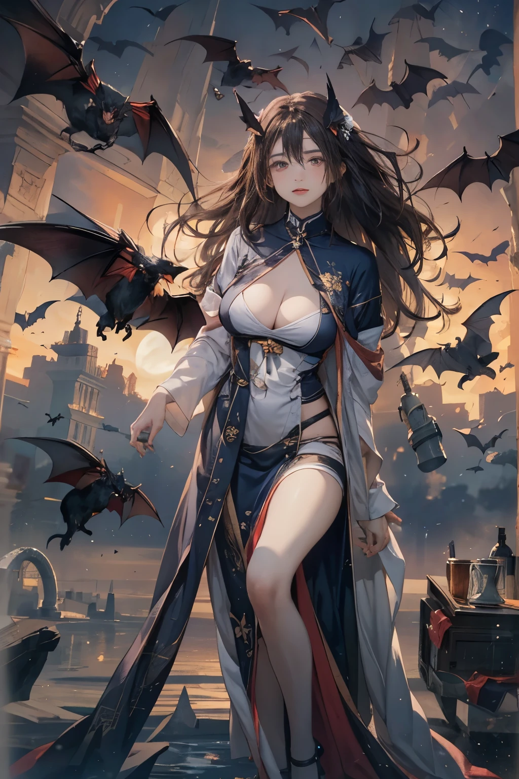 (maestropis)、(Calidad de imagen superior),Mujer vampiro sonriendo por la noche、Los colmillos son visibles、Cara limpia、、Vestimenta de la nobleza de la Edad Media、con una capa negra、FOTO DE CUERPO COMPLETO、breast size:1.2,Noche iluminada por la luna de fondo、Bats are flying