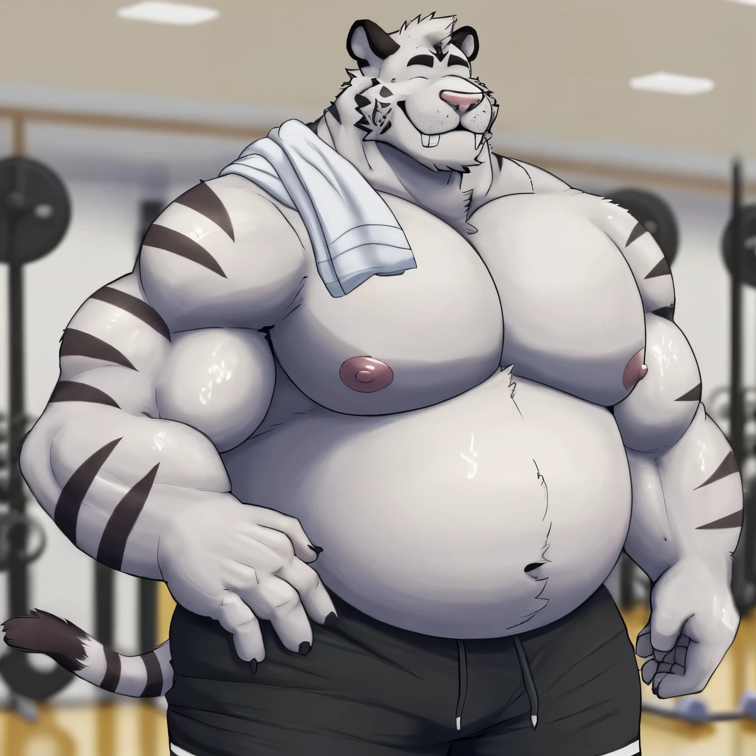 axel cosmas , solo, towel on shoulder,black shorts plump, huge, gym background, nipples, big fat belly, big ass, eyes shut, standing, 5 fingers, musclegut body, lineart, normal eyes, wet body, macro body, massive body, huge pecs, very wide