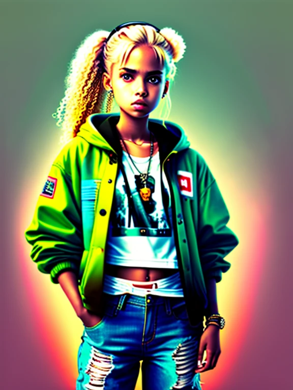 Image of a blond girl standing, wearing hip-hop style clothes, speakers, 90s style