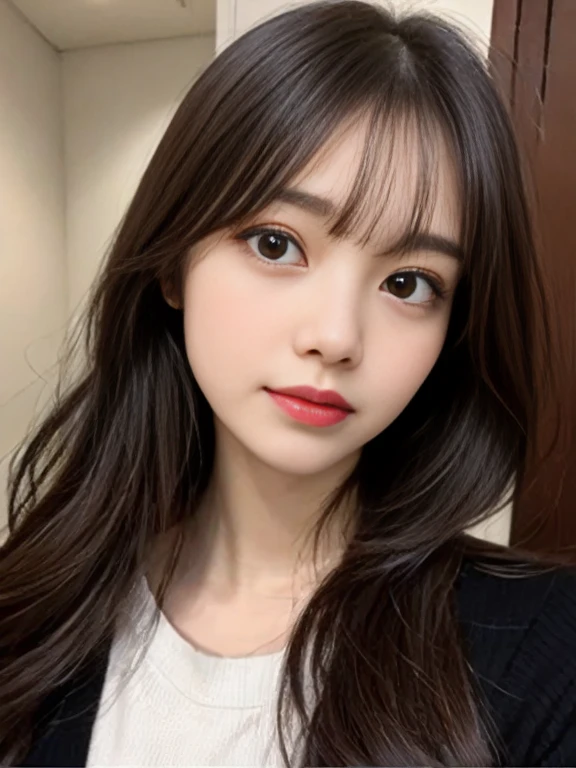 masutepiece, Best Quality, Illustration, Ultra-detailed, finely detail, hight resolution, 8K Wallpaper, Perfect dynamic composition, Beautiful detailed eyes, Winter clothes,Medium Hair,Natural Color Lip, Home front door(Curly)、20 years girl、Cute,Face that feels ???????,blur backgroun,KPOP Idol Face,Cute,Shoot from slightly above,Kamimei,Anatomically correct body