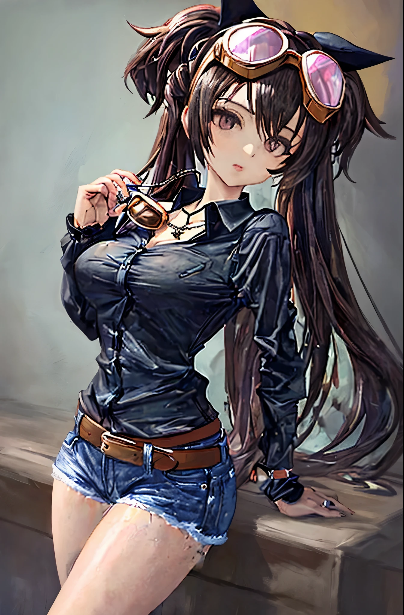mulher sexy, com seios grandes, black long-sleeved comma shirt with necklace with a cross in the middle of the black clothing near the breasts, vírgula wearing goggles, cabelo preto curto, Muito brilhante, Beautiful, ela posando olhando para cima,  muito com roupa preta camisa jeans, wearing goggles, com colar Prateado de uma cruz no peito bem no meio do peito, muito sexy wearing goggles olhos vermelhos