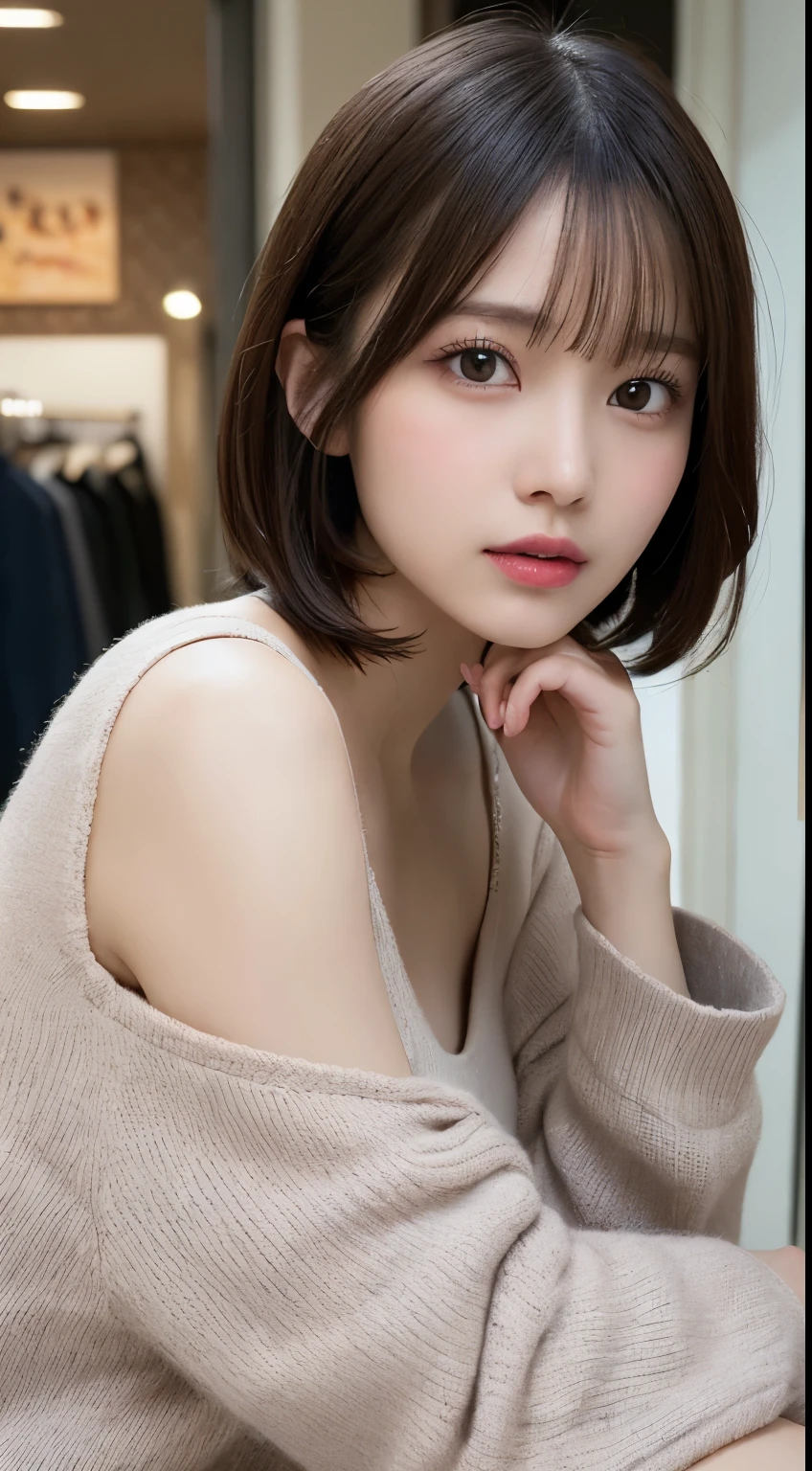masutepiece, Best Quality, Illustration, Ultra-detailed, finely detail, hight resolution, 8K Wallpaper, Perfect dynamic composition, Beautiful detailed eyes, Women's Fashion Winter,Short bob hair,Small breasts natural color lip, Bold sexy poses,Harajuku、20 years girl、Cute、Subject looking at sexy pose on camera