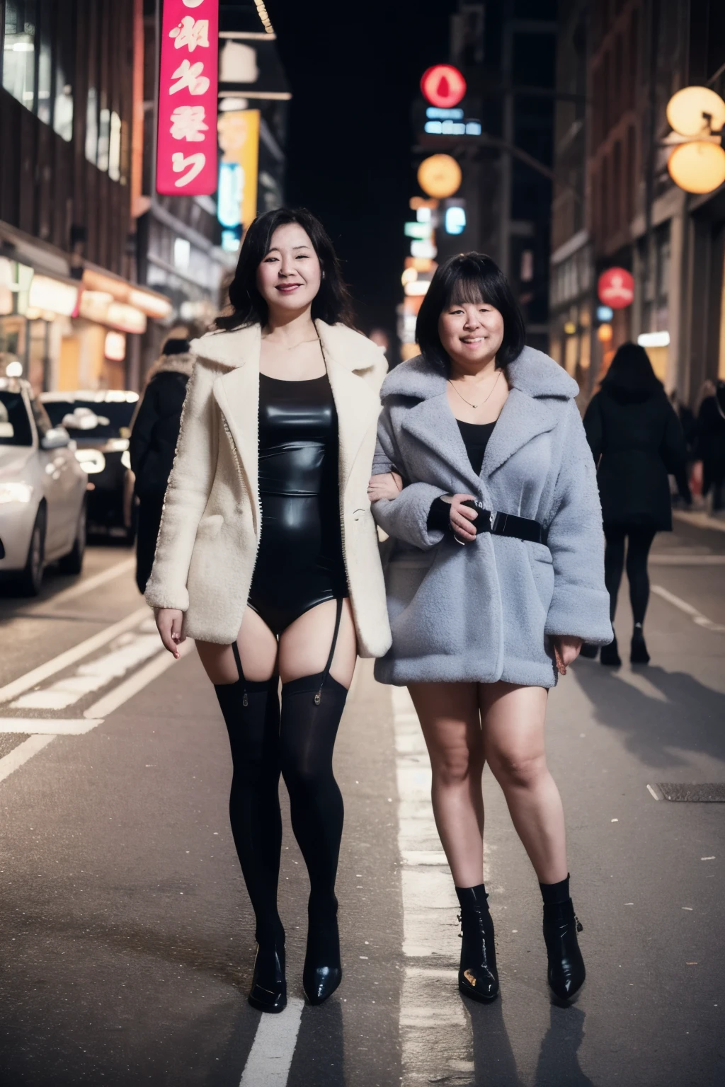 the city street, neon, Fur coat, Slightly fat,Asian middle-aged and elderly women,Volumetric,Wearing one-piece black stockings,Close-up full body photo,Bad smile emoji,Possessed