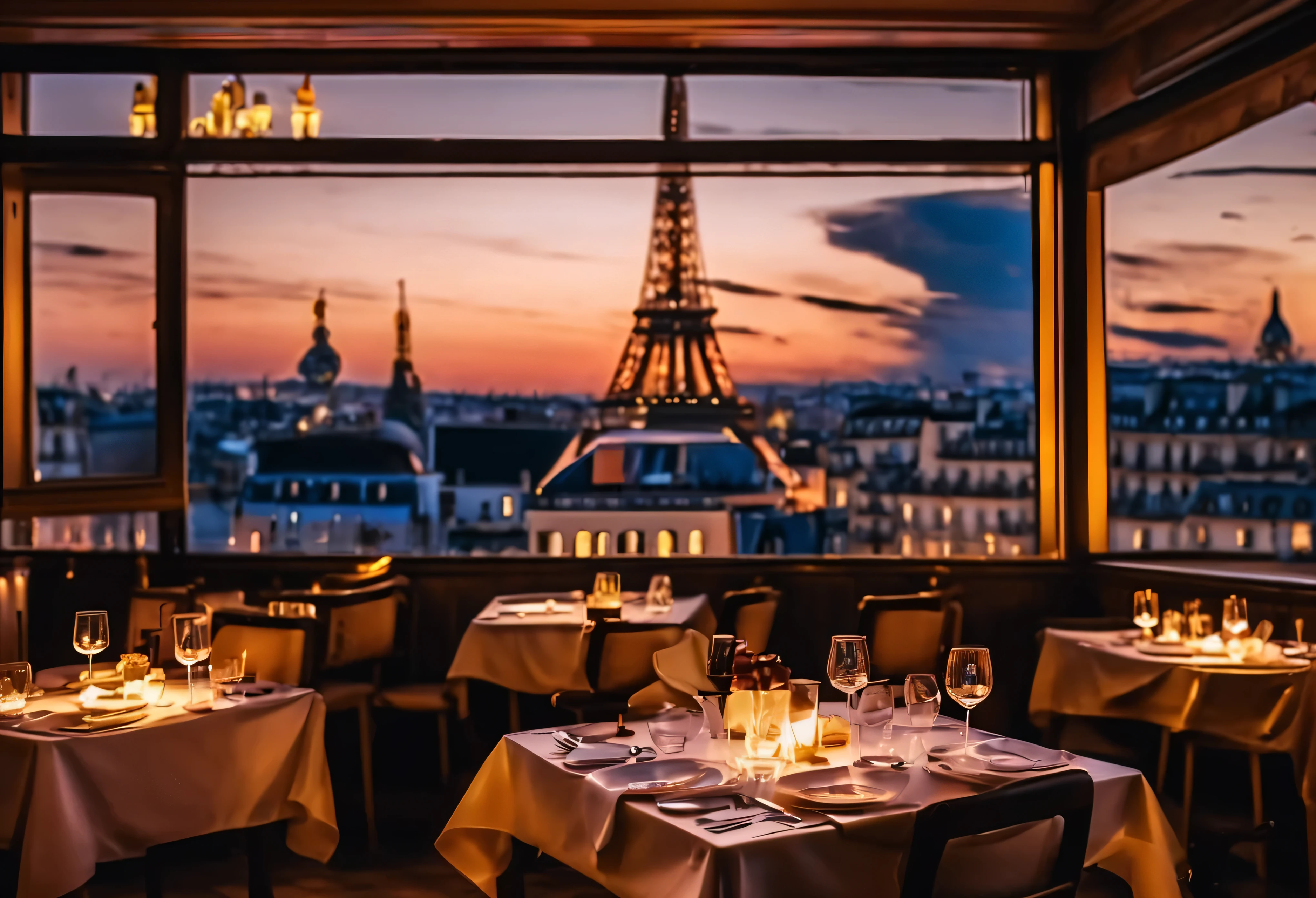 inside warm paris restaurant,no one in frame,wide 35mm,luxury,candlelit table,cosy atmosphere,with a view of city,shining happy atmosphere