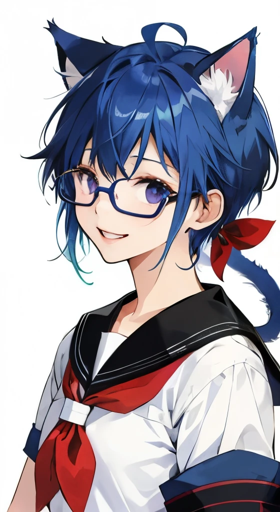 high school student blue hair、Cat's ears、Round glasses、cute little a beauty girl、pale blue hair、Add purple mesh to the hair、The color of the sailor suit is black、Sailor suit is red with a ribbon..、Middle short、hair is a little short、Yurucamp△style、The color of the rim of the glasses is black、Henyohenyoshita、huge smile、double tooth、Brighten the color of your lips
