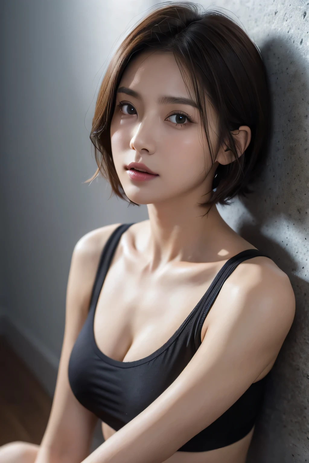 Looking at Viewer, Cinematic lighting, Perfect, softlight, High resolution skin:1.2, Realistic skin texture, body tired from sports、30 years old mature woman、a small face、no-makeup、Makeup is light、Shortcut Hair、dark brown  hair、Bust B Cup、Small breasts、 Exposed cleavage、off shoulders、Sportsbra、leggins、fullnude、Gray wall background