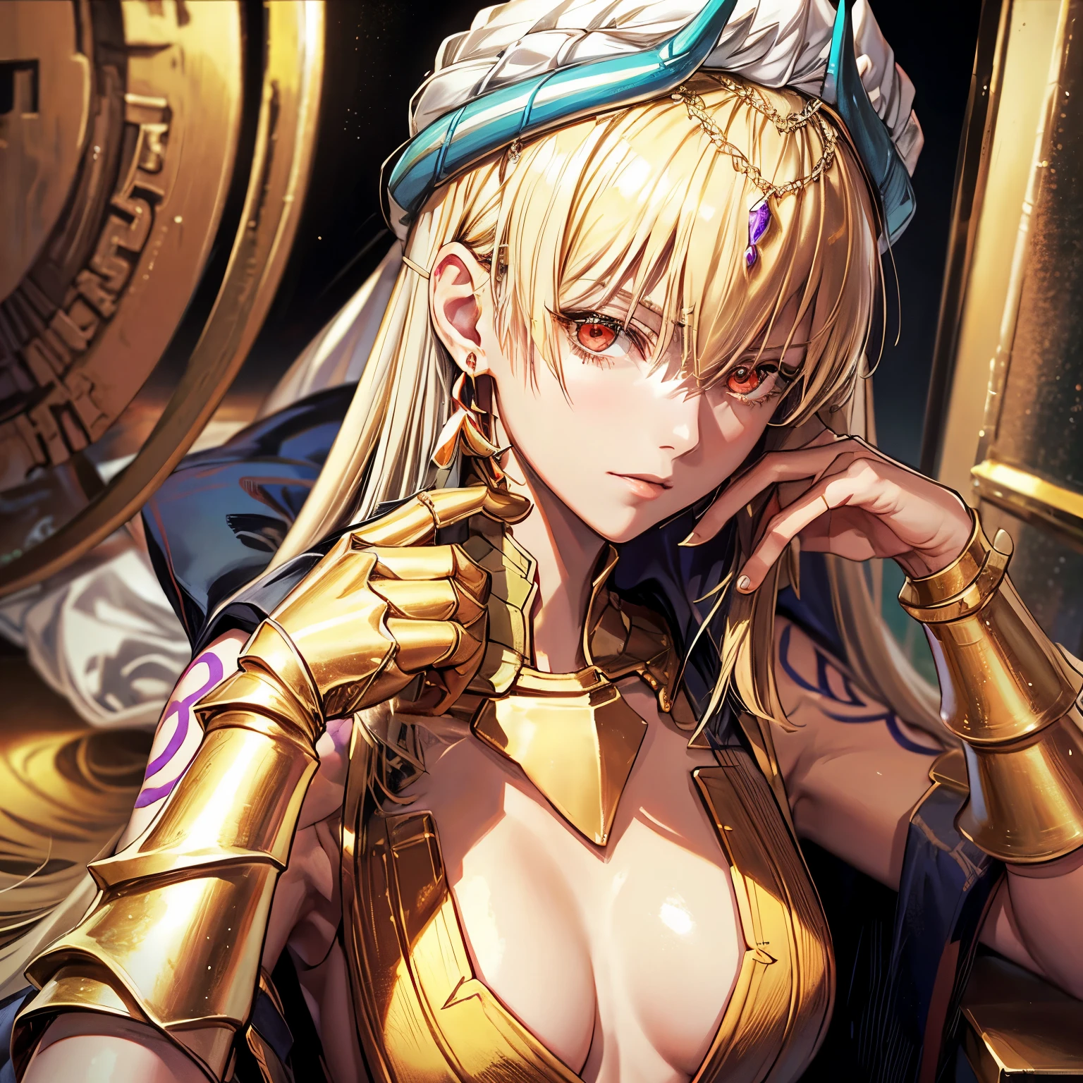 Fate/stay drawing, upper body and head, female Gilgamesh, focus on women, perfect woman, solo woman, long hair, blonde, beautiful face, madness, perfect hands, red eyes, details, extremely detailed, 8K quality, masterpiece ,