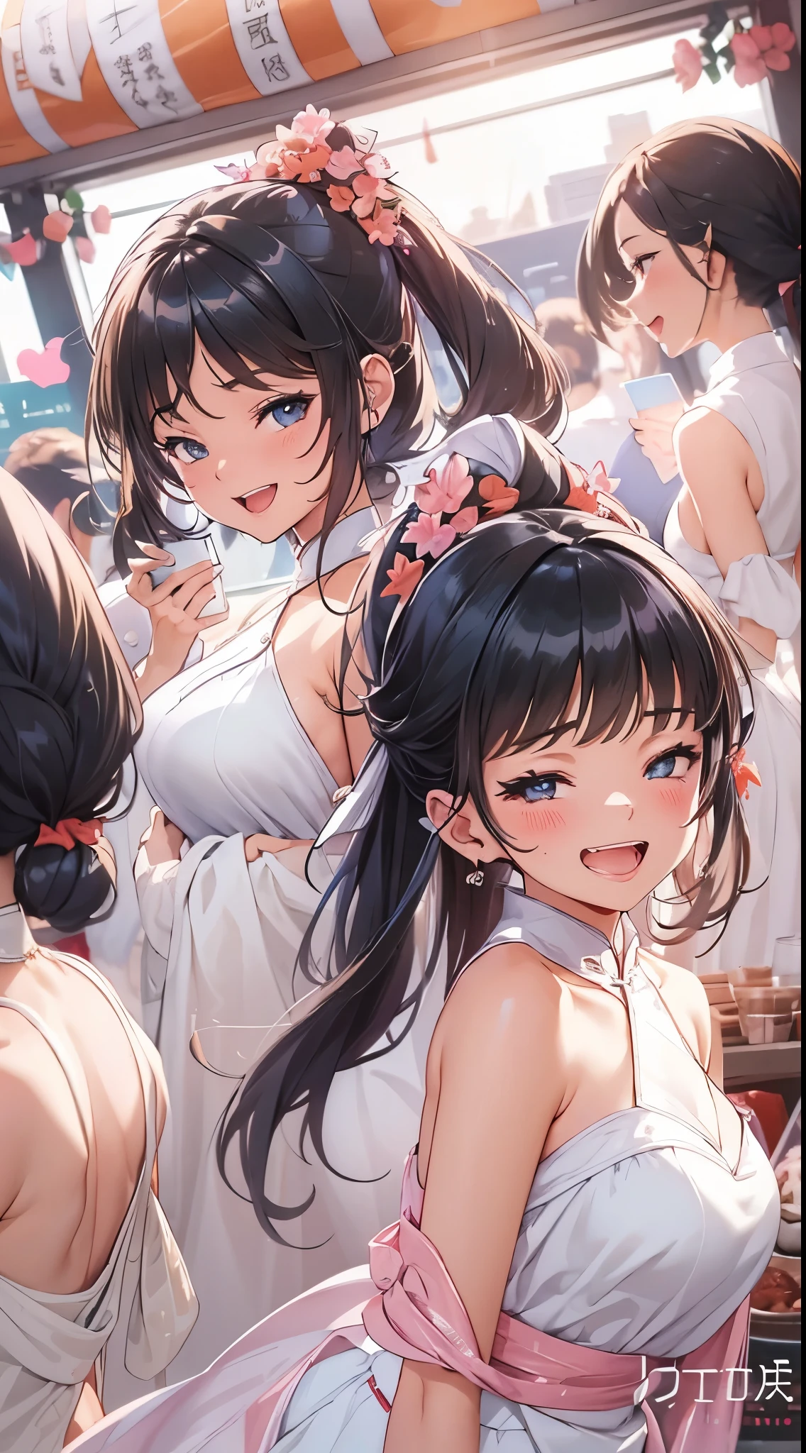 1womanl,Black hair,14years ,(()),Beautiful breasts,(((sexy white shiny cheongsam)))(())(((Blushing cheeks、Smile with open mouth)),(((Satin Narico))),((( portlate))),Crowds,White china clothes