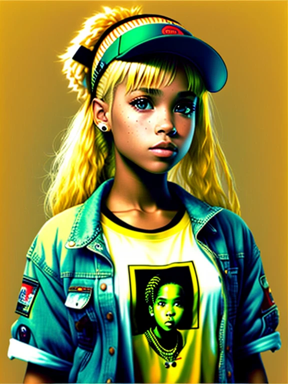 Image of a blond adult realistic girl standing, wearing hip-hop style clothes, speakers, 90s style
