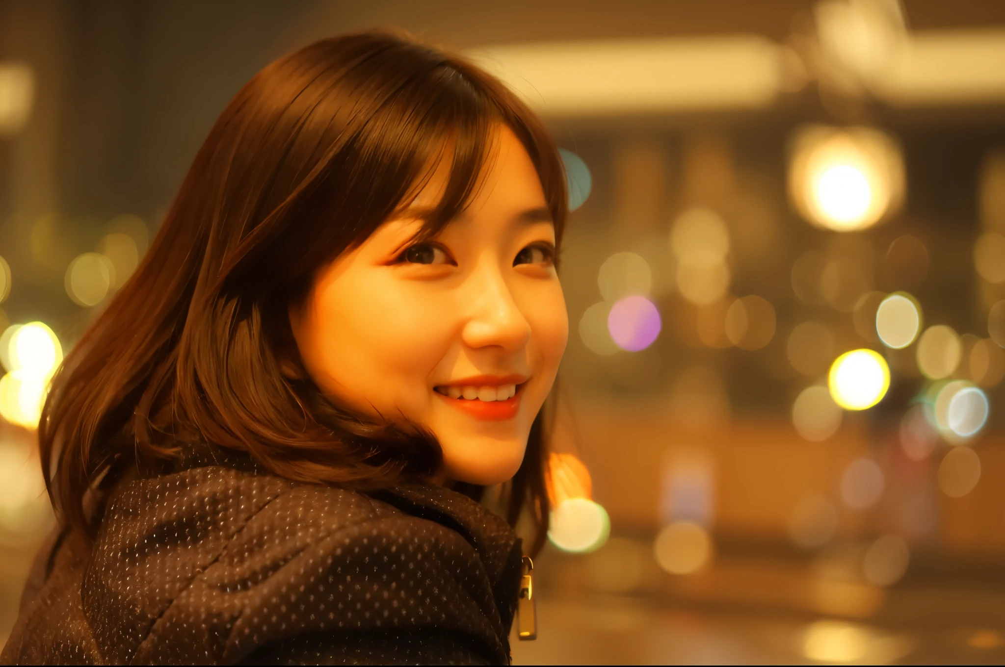 smiling woman with dark hair and a black jacket, light brown red mixed hair, natural bang, highly detailed face, detailed eyes,