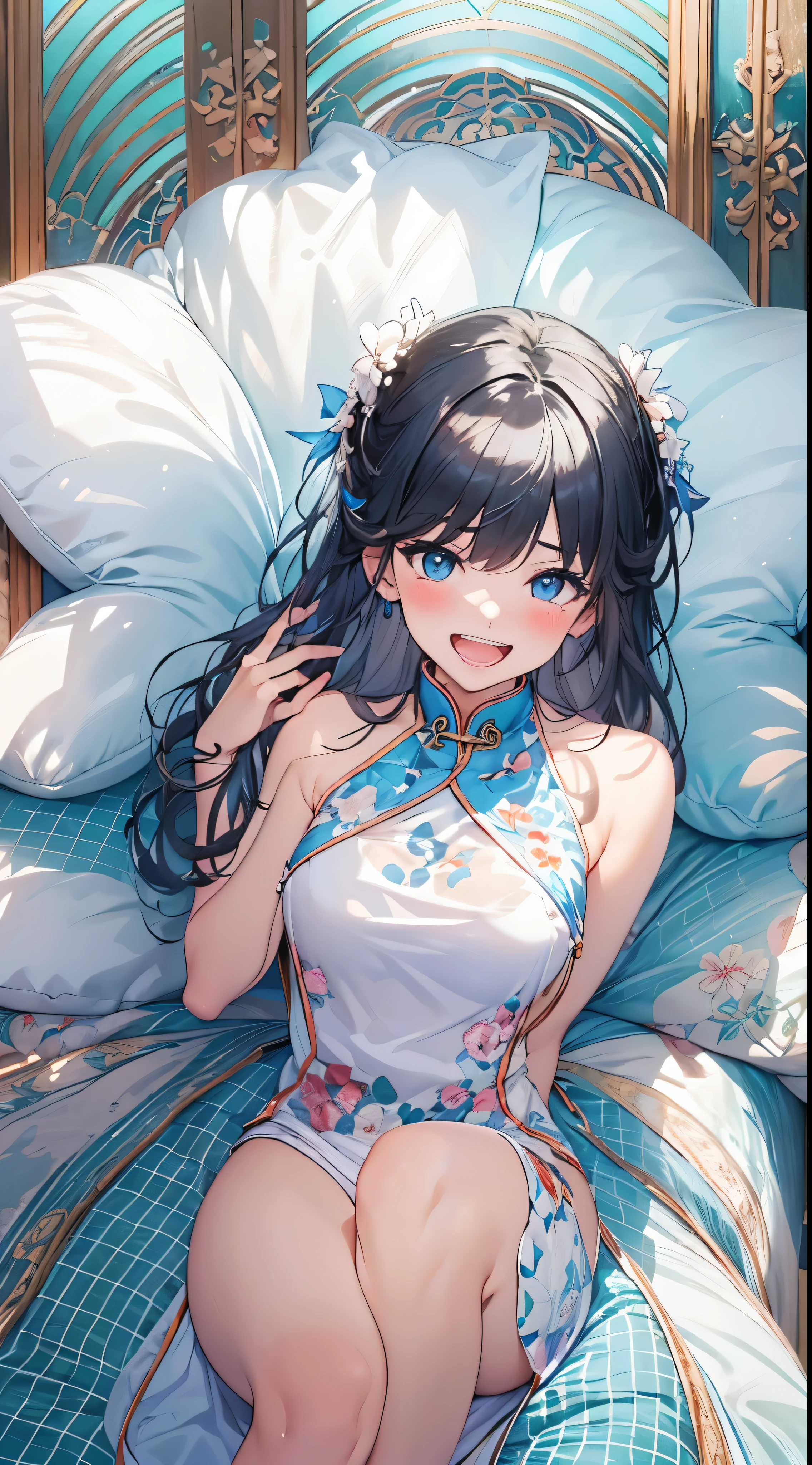 1womanl,Black hair,14years ,(()),Beautiful breasts,(((sexy white and blue shiny cheongsam)))(())(((Blushing cheeks、Smile with open mouth)),(((Satin Narico))),((( portlate))),Crowds,white and blue cheongsam