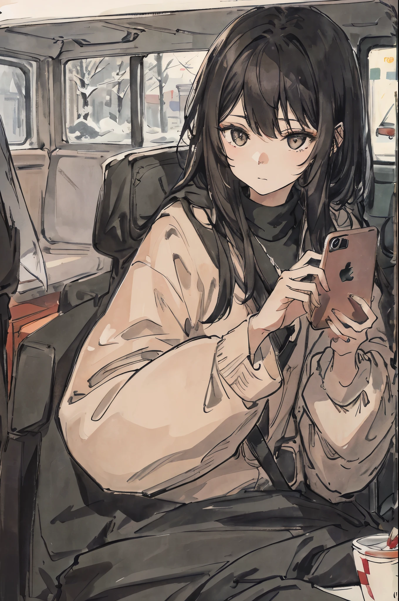 lean against the passenger seat、Bolides、A dark-haired、Viewed from the driver's seat、tobacco、parka、Looking at your phone、guido、城市