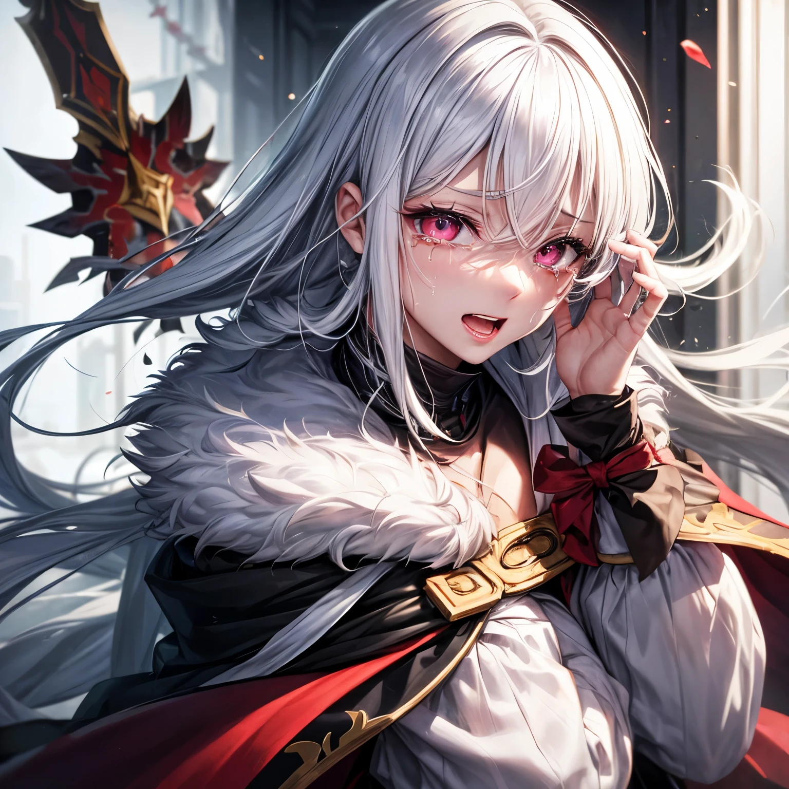 Beautiful face，Akame，white  hair，vomit blood，Crying and laughter，light skinned，Written eyes