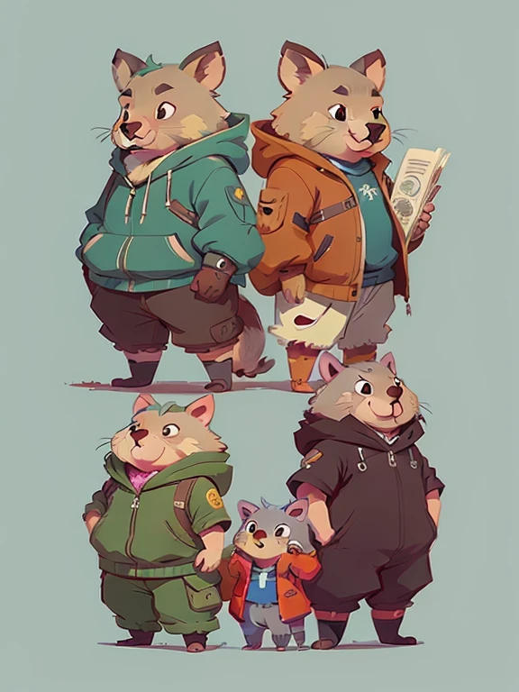 cartoon animal wombat with clothes, very stylized character design, stylized character design, game character concept art, wombat, high quality character design, full character concept art, full character design, detailed full body concept art, children's book, simple, concept art style, 8k character concept art, 8 k character concept art