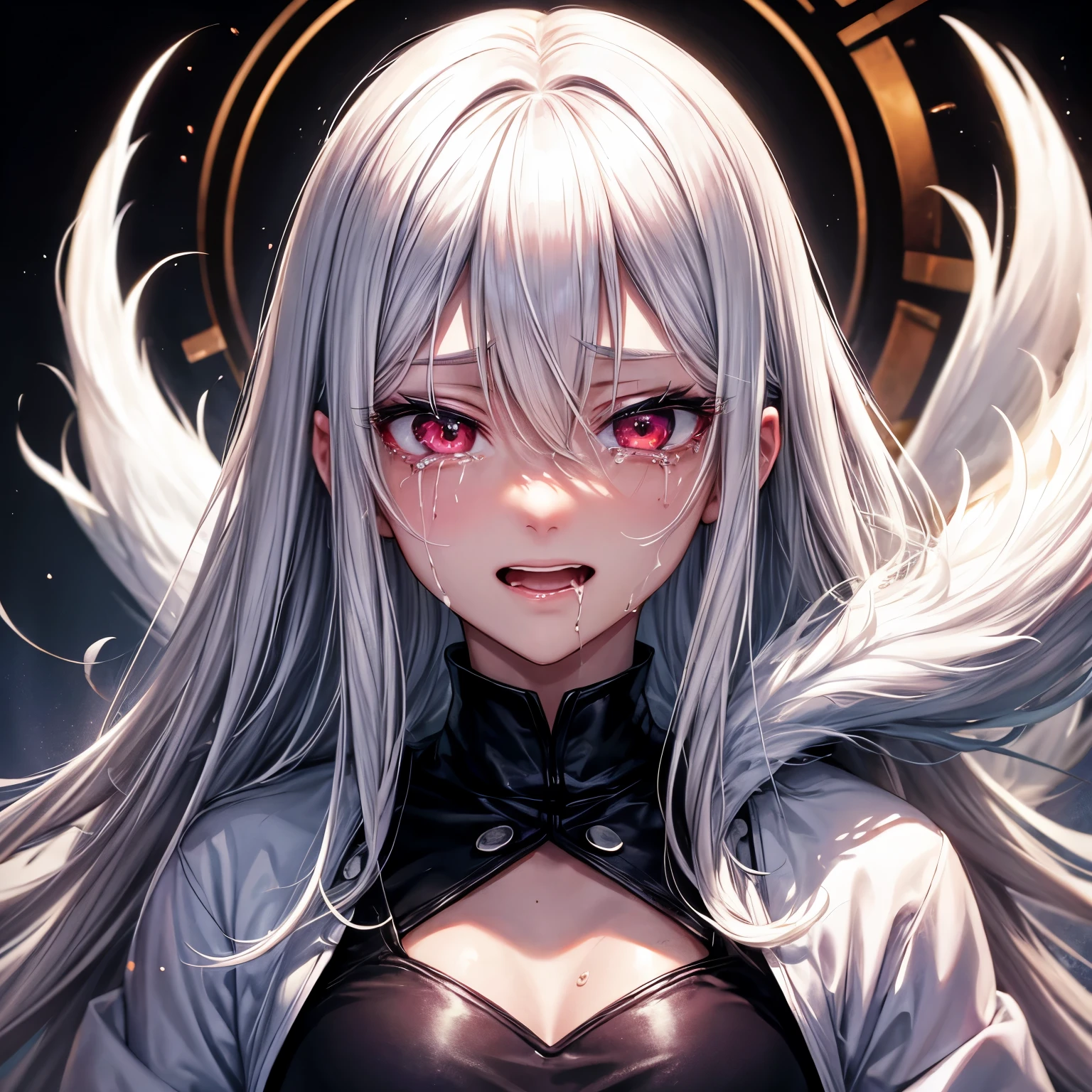 Pink tongue, tongue out, cum in mouth, cum on tongue,detail tongue,4k,Red eyes,white hair,Red eyes,Red pupils