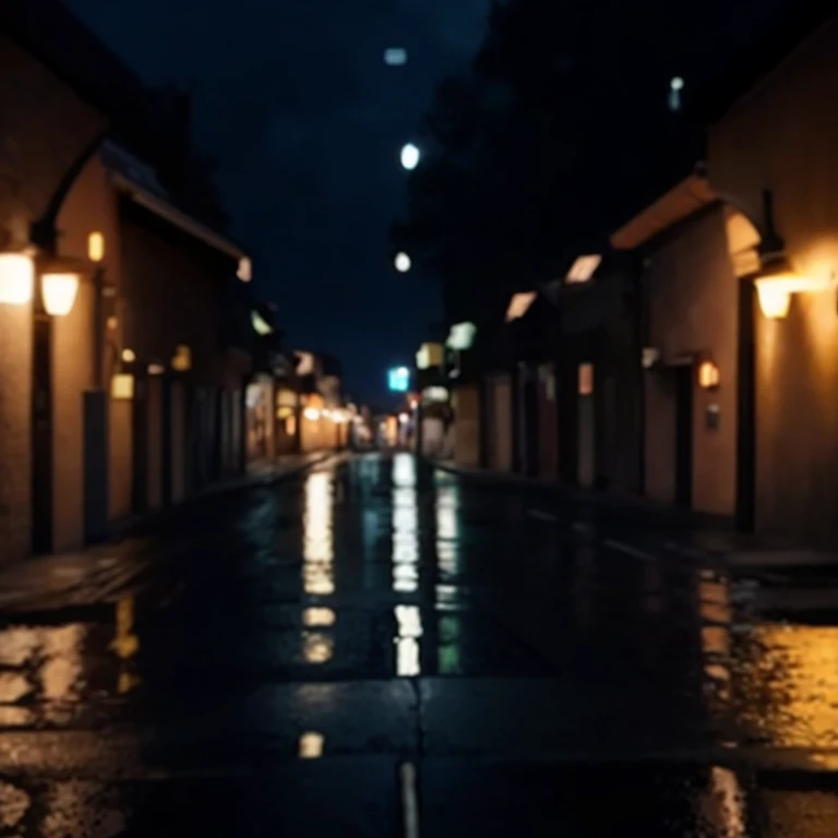 La mejor calidad,4k,8k,altas,Pieza maestra:1.2,Ultra detallado,realista,fotorrealista:1.37,Paisaje,Calle mojada detallada por la noche,wet pavement after rain,Calle desierta,peripheral vision of an image,escena nocturna,Ambiente tranquilo,zona poco iluminada,wet reflections of light,Sombras oscuras,street lights that give off a warm glow,colores apagados,clima de paz,Ambiente misterioso,estrellas brillantes en el cielo,Faint silhouette of buildings in the distance,Wet leaves on the ground,algunas gotas de chuva,calma y sereno,Ethereal Beauty,Detalles escondidos en las sombras,ambiente tranquilo,softly lit windows,empty sidewalk,cars passing sporadically, soledad.