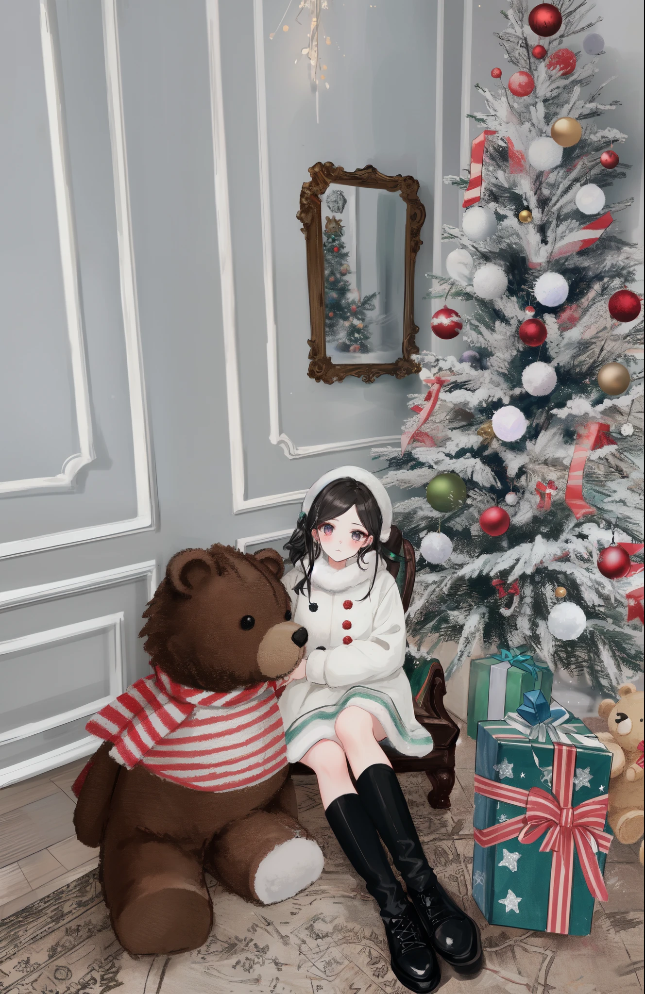 (blurry:1.3), (blurry drawing:1.3), there is a woman sitting next to a christmas tree with a teddy bear, ulzzang, 🤬 🤮 💕 🎀, 😭🤮 💔, 😭 🤮 💕 🎀, christmas, dilraba dilmurat, 165 cm tall, 8k)), 155 cm tall, with a tall tree, ruan cute vtuber