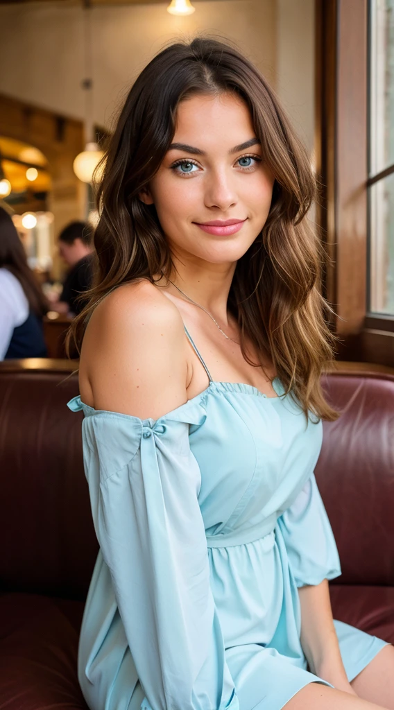 Mysterious brunette with blonde highlights in a vintage dress, sitting in a cafe in St. Mark's Square in Venice, surrounded by historical architecture. She is 22 years old, she has an innocent face, natural wavy hair and blue eyes. hight resolution, Masterpiece quality, Complex Detail, sharp focus, detailed skin texture, Realistic eyes, professional level, 4k, Adorable smile, shot on Canon 85mm, Shallow depth of field, Kodak Vision Color, a perfect fit body, Extremely detailed, Photorealistic, 8K UHD.