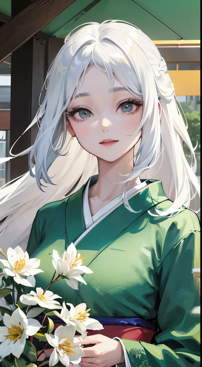 One lady、Woman with white hair、INFJ、parting bangs、Long、Center Part、Center division、wear a light green kimono、Black eyes、Gentle smile、Sunlight、whole body green、parted bangs、forehead
