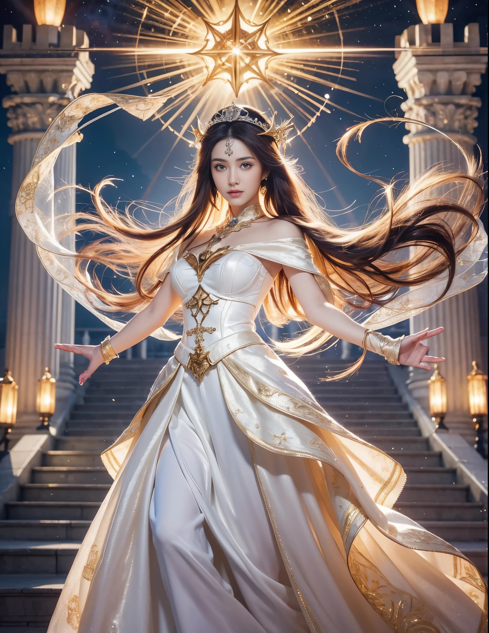 (Raw photo:1.2), (Photorealistic), Beautiful detailed girl, Very detailed eyes and face, Beautiful detailed eyes, Huge file size, High resolution, Very detailed, Best Quality, [masutepiece:1.6], Illustration, Very detailed, Fine detail, Best Quality, 8K Wallpaper, Movie Lighting,-yeld fee girl in white underwear, underwear only,  with arms outstretched in front of a castle, princess of light, fantasy gorgeous lighting, goddess of light, full portrait of elementalist, portrait of queen of light, artgerm on artstation pixiv, full portrait of magical knight, holy fire spell art, epic light novel art cover, concept art magical highlight, beautiful celestial mage