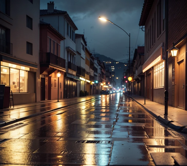 La mejor calidad,4k,8k,altas,Pieza maestra:1.2,Ultra detallado,realista,fotorrealista:1.37,Paisaje,Calle mojada detallada por la noche,wet pavement after rain,Calle desierta,peripheral vision of an image,escena nocturna,Ambiente tranquilo,zona poco iluminada,wet reflections of light,Sombras oscuras,street lights that give off a warm glow,colores apagados,clima de paz,Ambiente misterioso,estrellas brillantes en el cielo,Faint silhouette of buildings in the distance,Wet leaves on the ground,algunas gotas de chuva,calma y sereno,Ethereal Beauty,Detalles escondidos en las sombras,ambiente tranquilo,softly lit windows,empty sidewalk,cars passing sporadically, soledad.