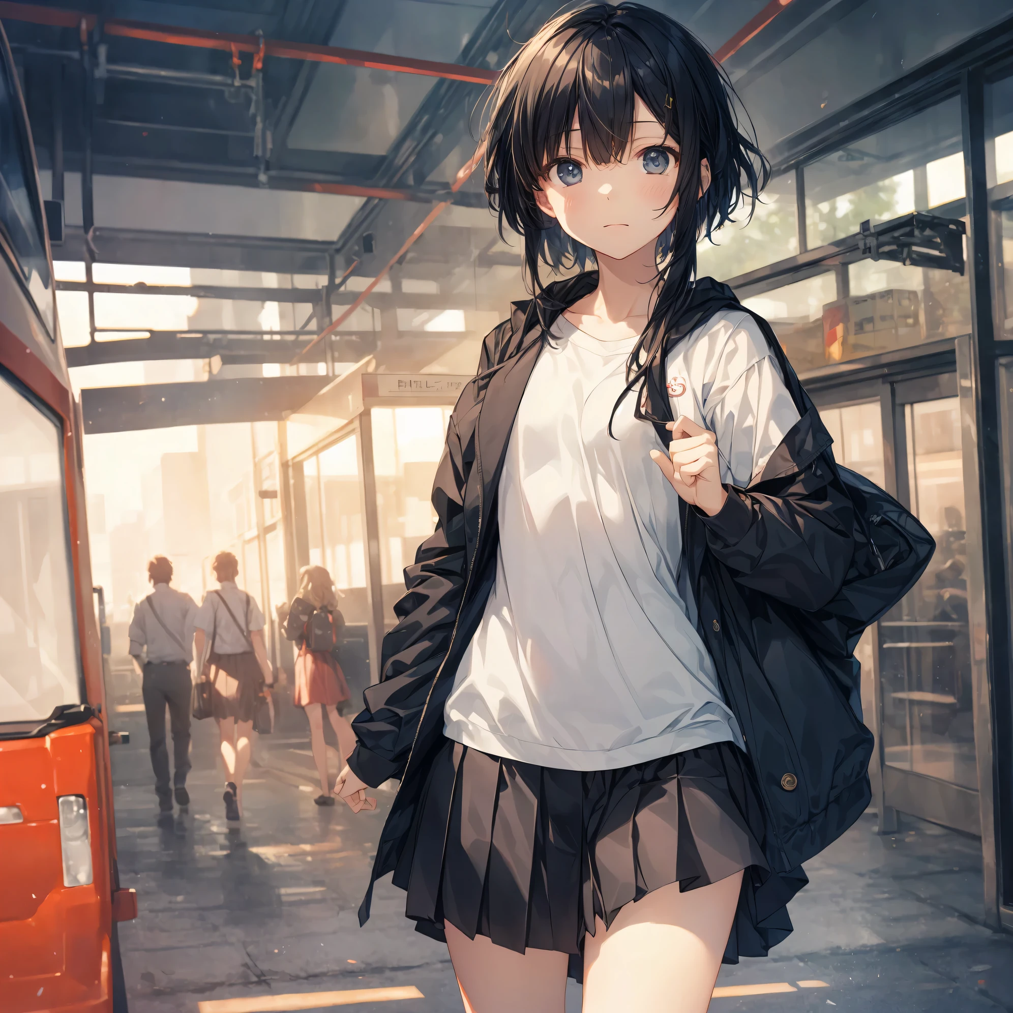 Super high quality by the art god, Ultra-detailed, High resolution, Shinkai Makoto style, anime moe art style, best anime 8K konachan wallpaper, Pixiv Contest Winner, Perfect Anatomy, BREAK,(Please draw a sleepy girl going to school alone.. ),BREAK, a hyperrealistic schoolgirl, (Solo,Lori,,13yea:1.3),Full limbs, complete fingers,a junior gynous attraction, (Very short hair), hair messy, flat chest, Small butt, groin, Small eyes,Beautiful detailed black eyes, Well-proportioned iris and pupils, disgusted eye, High resolution detailed hair, School uniform, Skirt, On the way to school. BREAK,Ultra-detailed細なスキン, Best lighting by famous artists, 8K, Illustration,