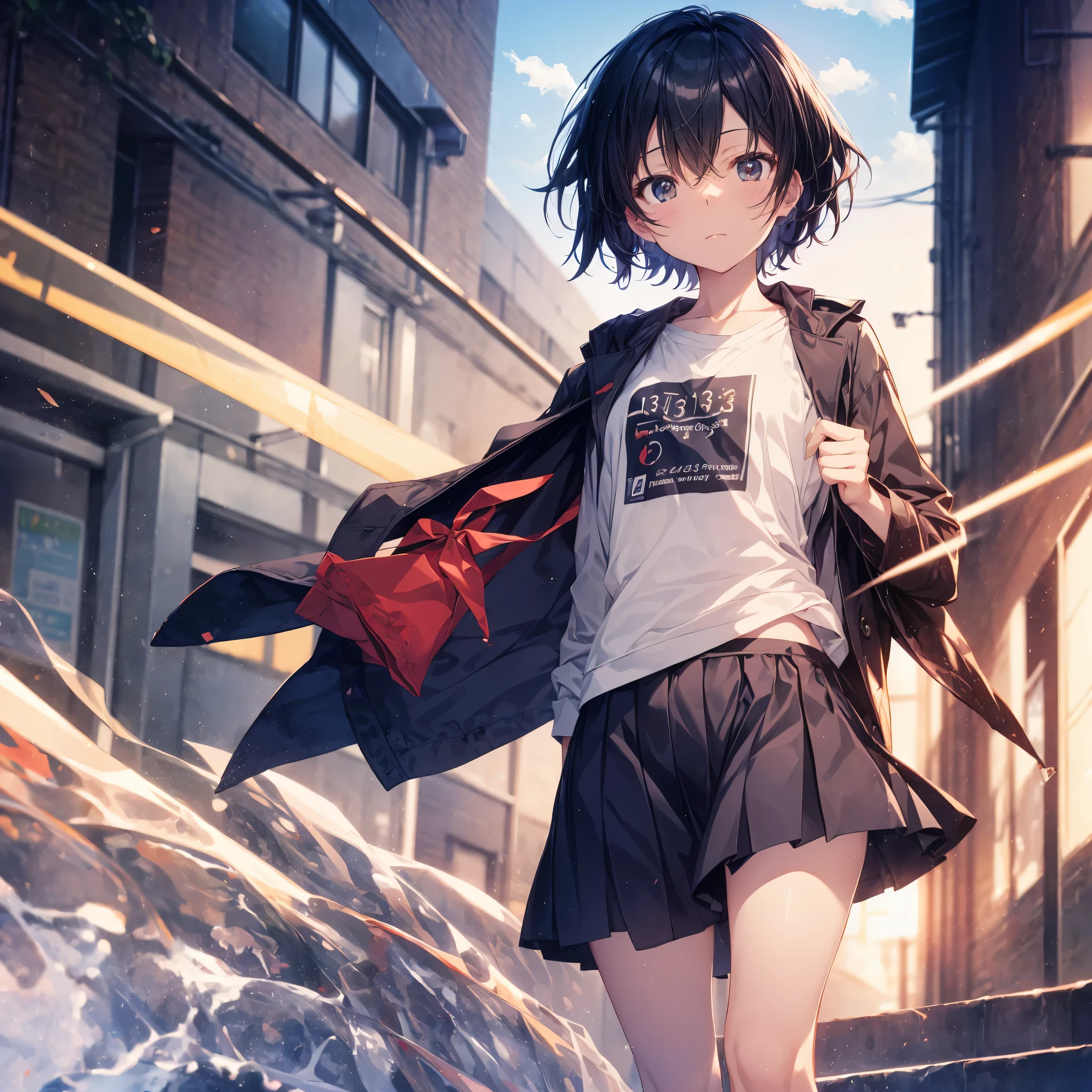 Super high quality by the art god, Ultra-detailed, High resolution, Shinkai Makoto style, anime moe art style, best anime 8K konachan wallpaper, Pixiv Contest Winner, Perfect Anatomy, BREAK,(Please draw a sleepy girl going to school alone.. ),BREAK, a hyperrealistic schoolgirl, (Solo,Lori,child,13years:1.3),Full limbs, complete fingers,a junior high school student, Androgynous attraction, (Very short hair), hair messy, flat chest, Small butt, groin, Small eyes,Beautiful detailed black eyes, Well-proportioned iris and pupils, disgusted eye, High resolution detailed hair, School uniform, Skirt,  On the way to school. BREAK,Ultra-detailed細なスキン, Best lighting by famous artists, 8K, Illustration,