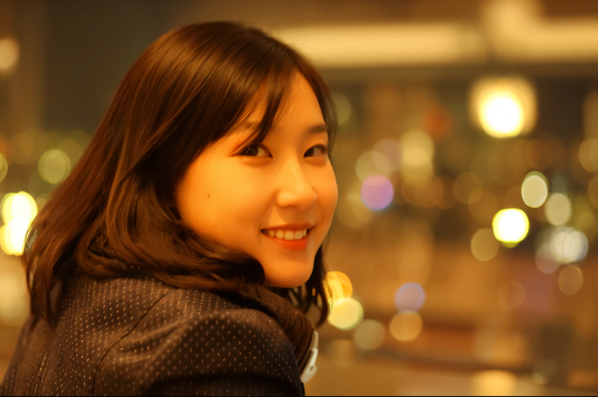 smiling woman with dark hair and a black jacket, light brown red mixed hair, natural bang, highly detailed face, detailed eyes,