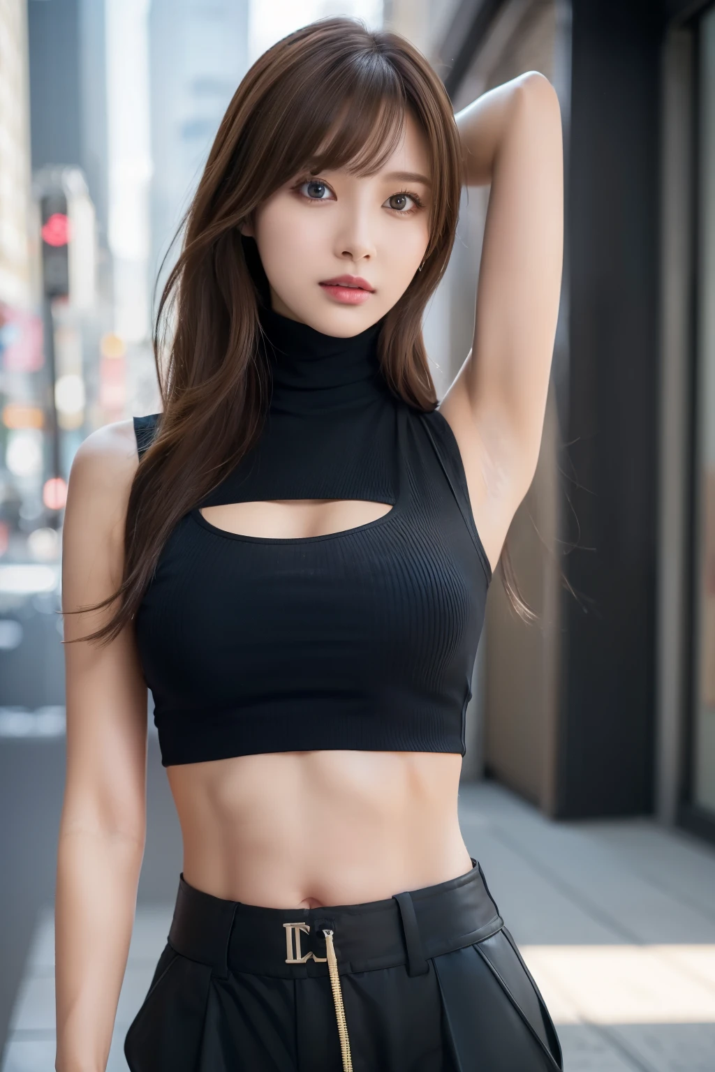 (8K, Raw photo, Best Quality, masutepiece:1.2), (Realistic, Photorealsitic:1.37), 1girl in,(Kpop Idol), Cute, Professional Lighting, Photon mapping, Radio City, Physically-based rendering, Black jacket, Black shirt, Black shorts, Blue eyes, Blunt bangs, cleavage cutout, croptop, eyeshadows, Gradient Hair, brawn hair, brown haired, Navel, Shirt, Shorts, Sleeveless, sleeveless turtleneck, Sleeveless Turtleneck Crop Top, turtle neck, Turtleneck Crop Top, Two-tone hair