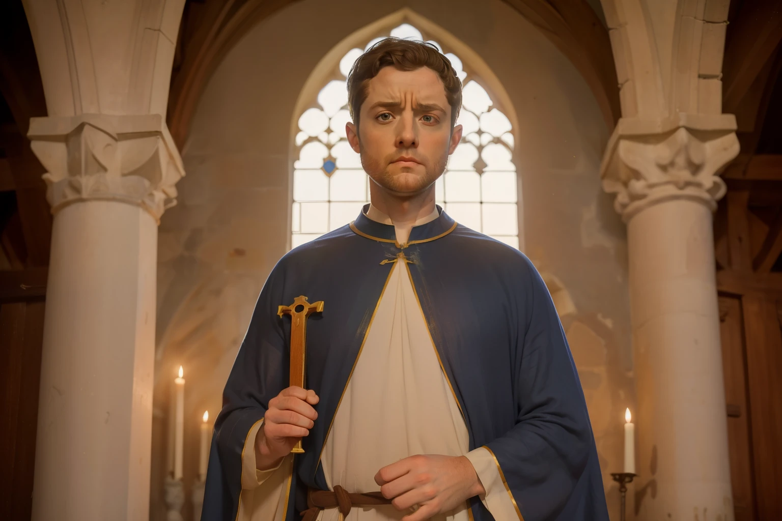 1144, Cherbourg, France. Otherworldly scene in a medieval monastery, ((((35-year-old)) Richard Rankin)), monk, ((angry expression, frowning)), ((((plain tunic from the 12th century)))), ((Hairstyle of the 12th century)), ((Wes Anderson cinematic style)), colorful