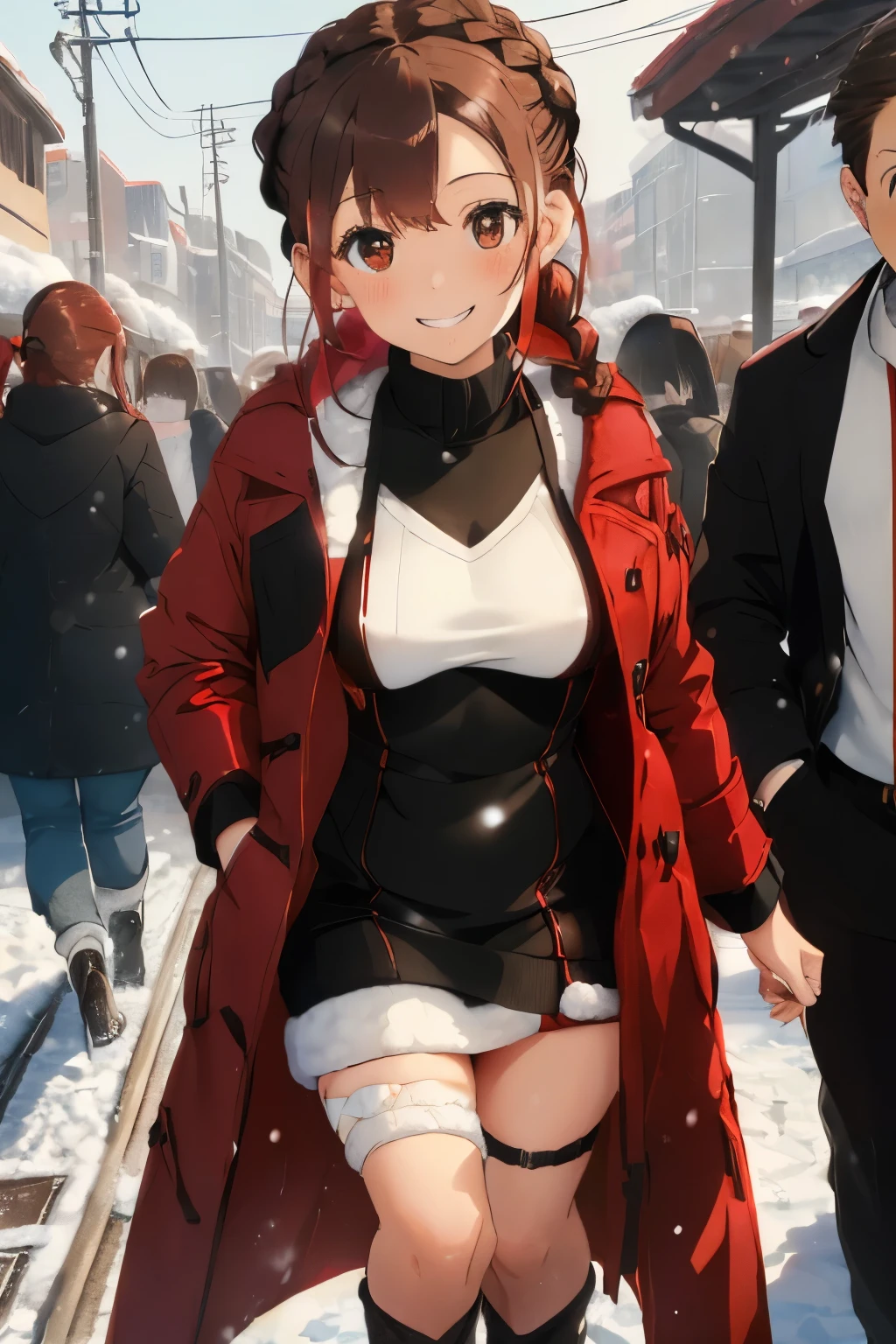 ((Brown hair)),((Braided shorthair)),((With black eyes)),Slight red tide,(long down coat:1.3),(A warm knee-length winter coat:1.3),(wearing a pure white winter coat:1.35),(Cute lady style coordination:1.4),(Lively station square:1.2),(Tissue handing out:1.5),Kamimei,(Handing out tissues with a smile:1.35),(It's snowing a little:1.25),(huge smile:1.25),(The colors of the clothes are white, red and black:1.45),(small tits:1.4)