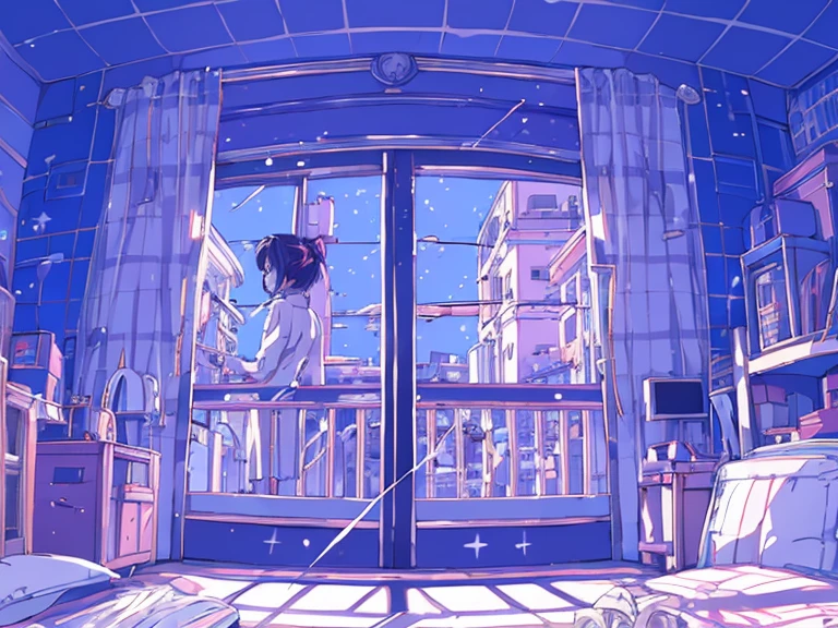 (tmasterpiece)、(topquality)、Girl with、Veranda of a small studio apartment Futuristic city outside the window。 the night、JPN、Anime cartoon style、 Shinkai Makoto