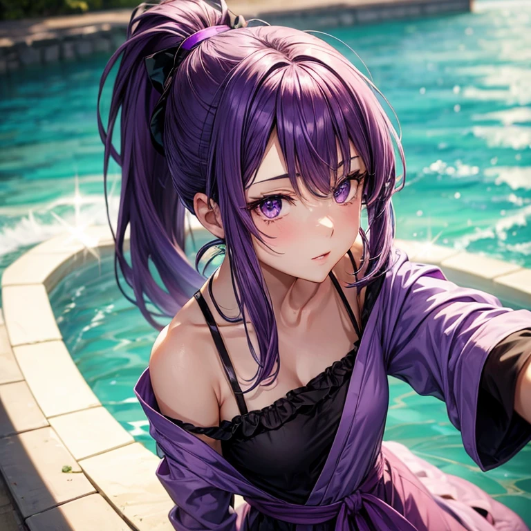 a woman with in the onsen, (((purple/cyan eyes))), (((purple/black hair))), gentle lighting, soft lighting, ((blushing)), (onsen), (steam), (((purple left eye))), (((cyan right eye))), (half-shaved undercut), french braids, ((bokeh)), (black hair streaks), ((small breasts)), ((((naked)))