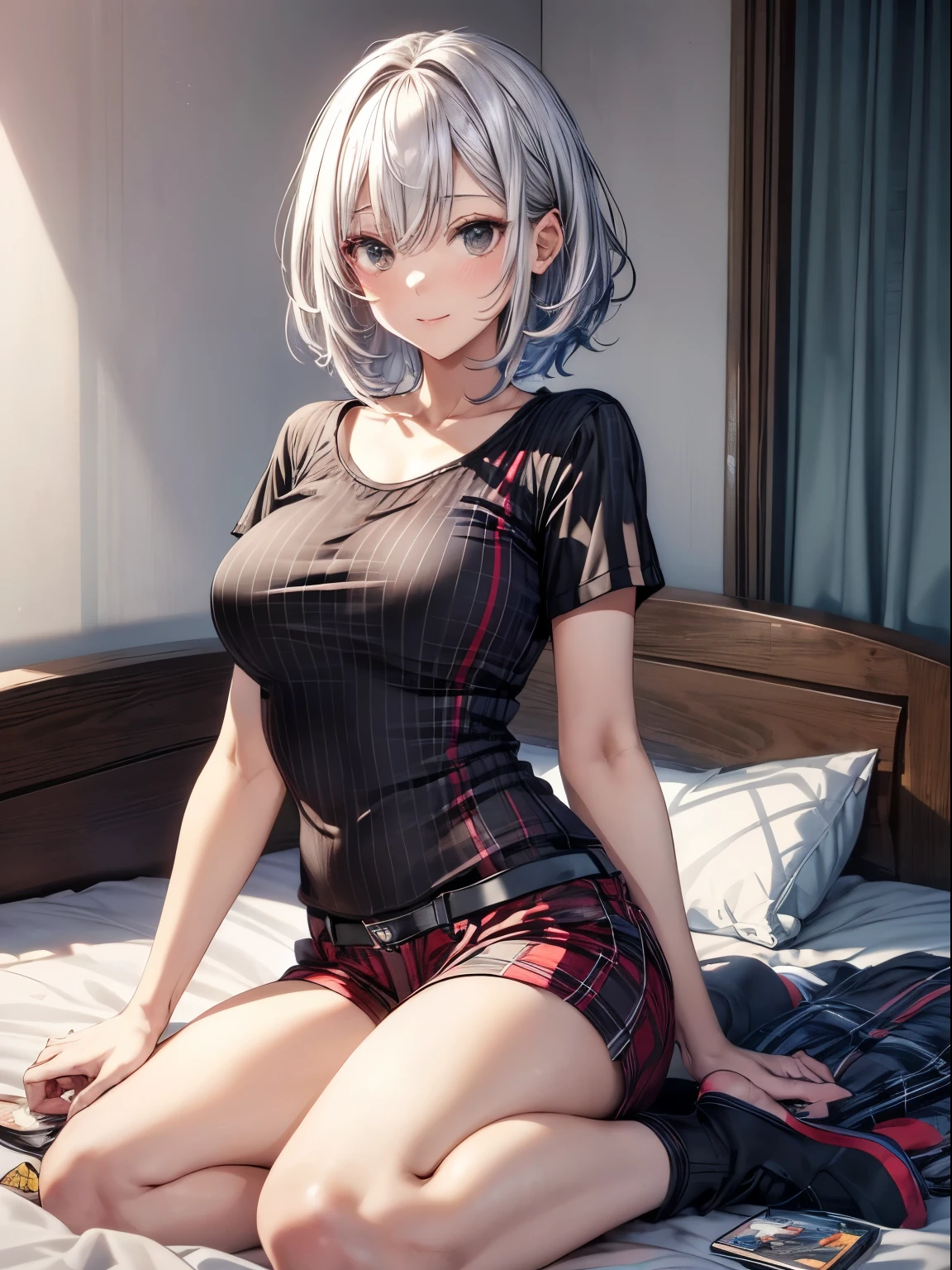 Best image quality, RAW photos, ultra-high resolution, shot from the side, slender Korean at , red plaid skirt, black plaid bra, big round breasts, cleavage, short bob, fair skin, shiny white skin, beautiful eyes of random colors, very thin lips, eyes beautiful in detail, elongated eyes, pale pink cheeks, long eyelashes, beautiful double eyelids, eyeshadow, Very thin legs, beautiful navel, beautiful abs, beautiful ribs, necklace, earrings, bright gray hair, hotel room at night, room with night view, big glass window