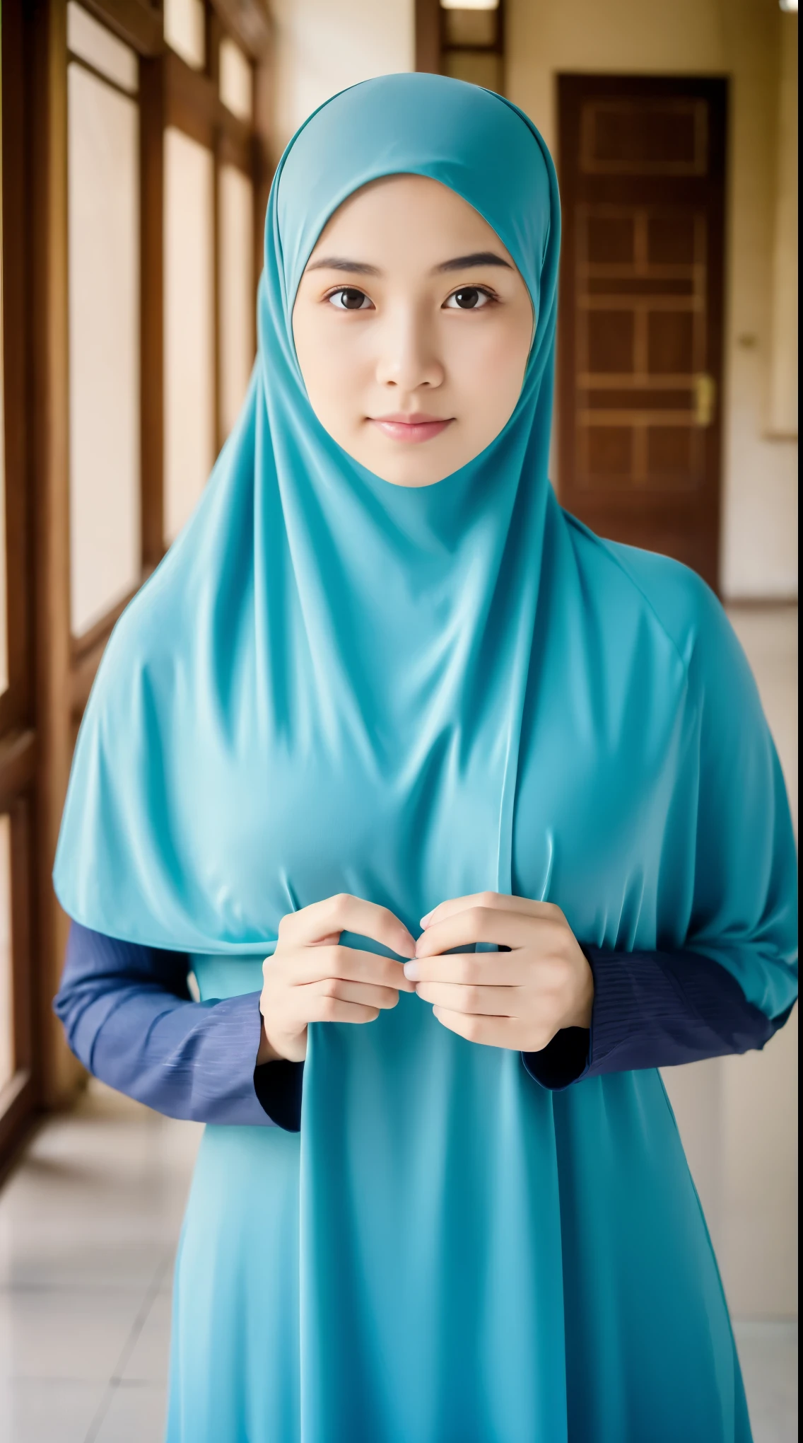 ((Perfectly insane textured)), ((Perfect proportional object arcithecture)), ((Perfect photo)), ((Super ekstremely detiled)), ((best quality)), ((masterpiece)), (bright face), (big boobs), (detailed), (full body), (anti aliasing), (perfect proportion face), perfect face young Indonesian woman artist wearing a neat hijab and cream colored Muslim clothing reading the Koran in a magnificent mosque. Behind her you can see the spacious and beautiful mosque room.
