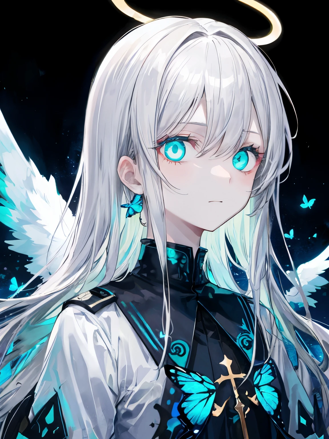 Best Quality、masutepiece、Ultra-detailed、face perfect、Extremely detailed、Extremely delicate、1 boy, (Scary), Angel, blanche髪、Long hair、Gorgeolanche&#39;The halo), Dark, Glowing eyes, Light green eyes, Angel wings,  holy, , blancheのチュニック, 2対のblanche angel wings, which are full of confidence,  Keep your mouth shut、Expressive eyes, collofull eyes, Contrasty, shadowy, masutepiece, Digital Art, Glowing eyes, Intimidating, corrupted, Demonic, Abstract background, blanche, black and teal、両手にblancheく輝く星を浮かばせる、fear、A light blue butterfly dances