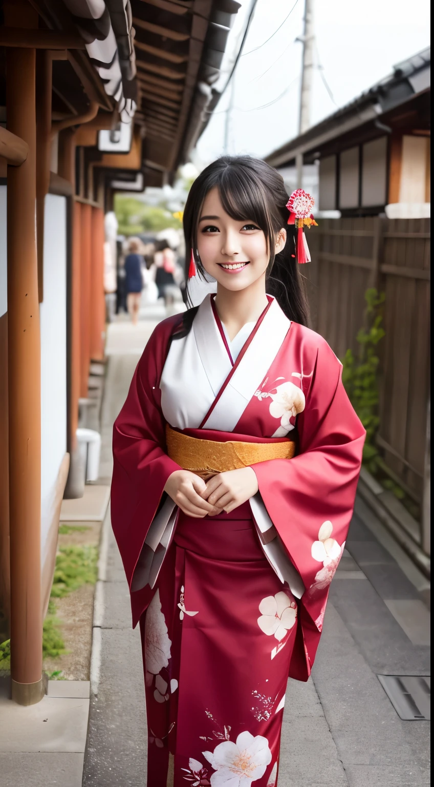 ((masutepiece)), ((Best Quality)), (Ultra-detailed), ((kawaii)), tremble for), ((Sexy)), (Ero), ((Extremely detailed)), 4K, (8K), Best Quality, (Beautiful), Illustration, Anime style, Painting, Dynamic Angle, Full body, Angle looking up from below, (Shrine of Japan), (Sit in the precincts), Open your legs, Gradation, full body focus, Dim Shrine, s, 1girl in, Solo, shrine maiden, Beautiful colored eyes chosen at random Beautiful eyes)), White-skinned, Randomly selected hairstyles, Smirk, grin, (blush), sparkling effect, Lens Flare, shiny-glistening, gleaming、Breast E Cup、Japanese new year kimono